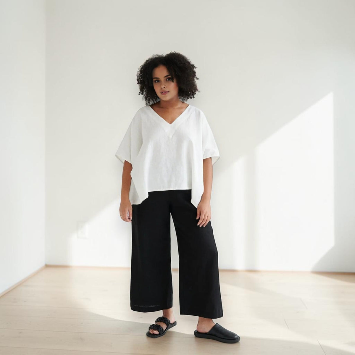 Boxy Linen Top, V Neck Wide Sleeve
