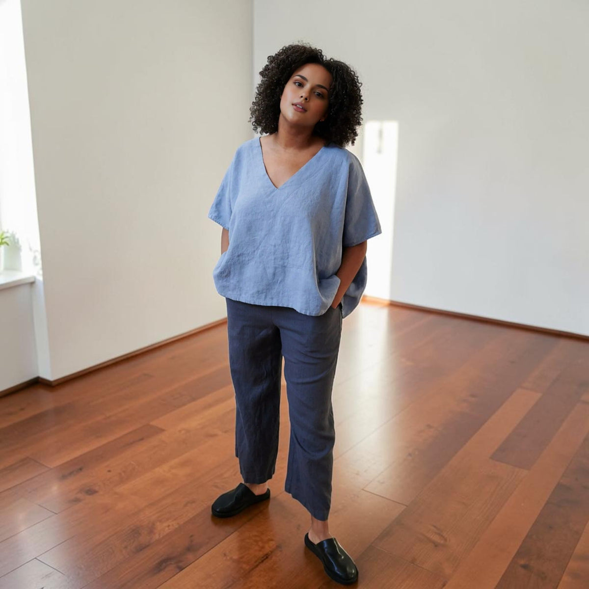 Boxy Linen Top, V Neck Wide Sleeve