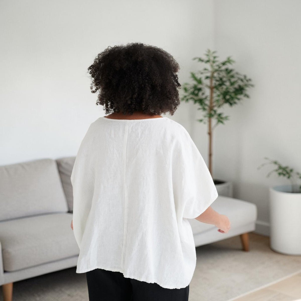 Boxy Linen Top, V Neck Wide Sleeve