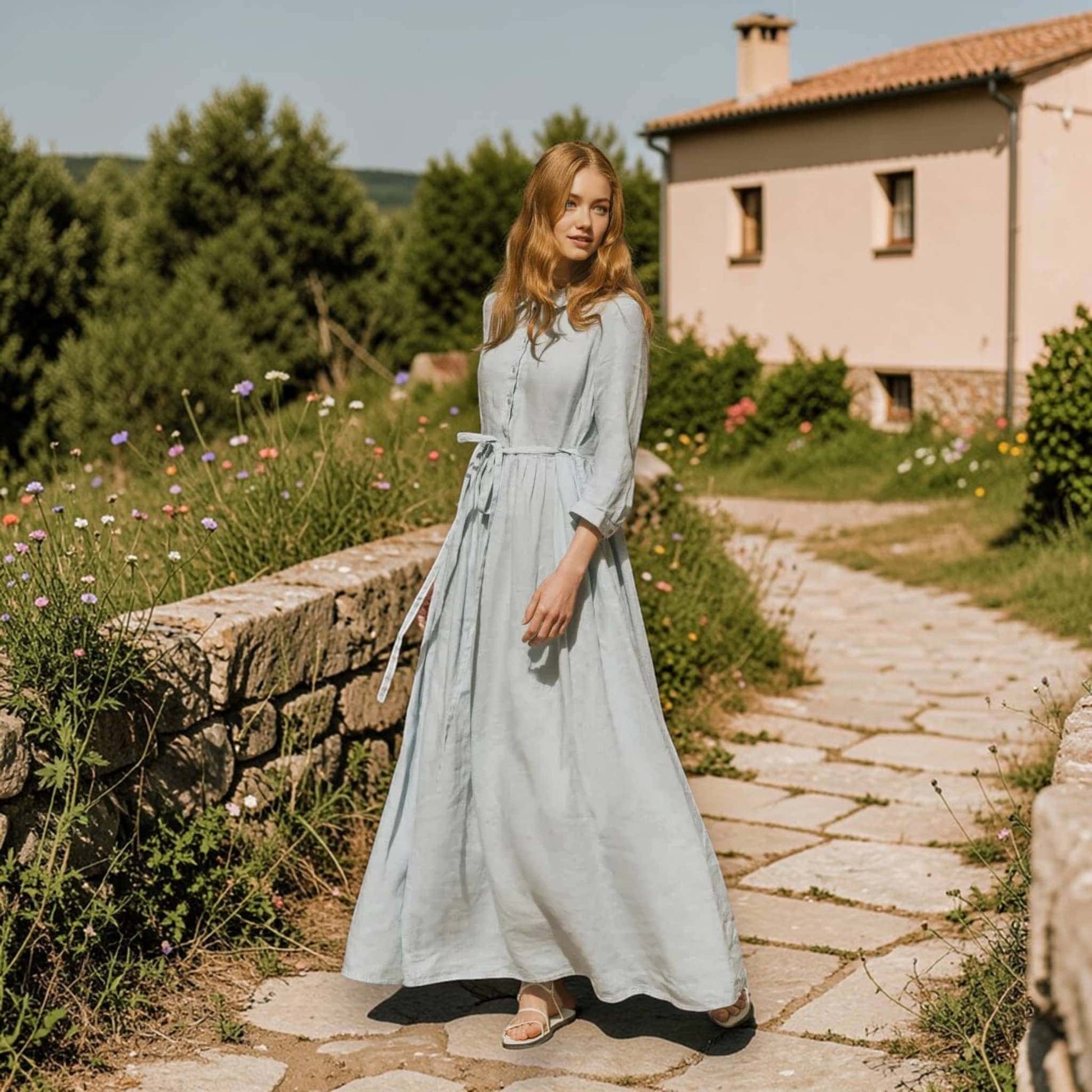 Button Down Linen Maxi Dress, Tie Waist Maxi Dress