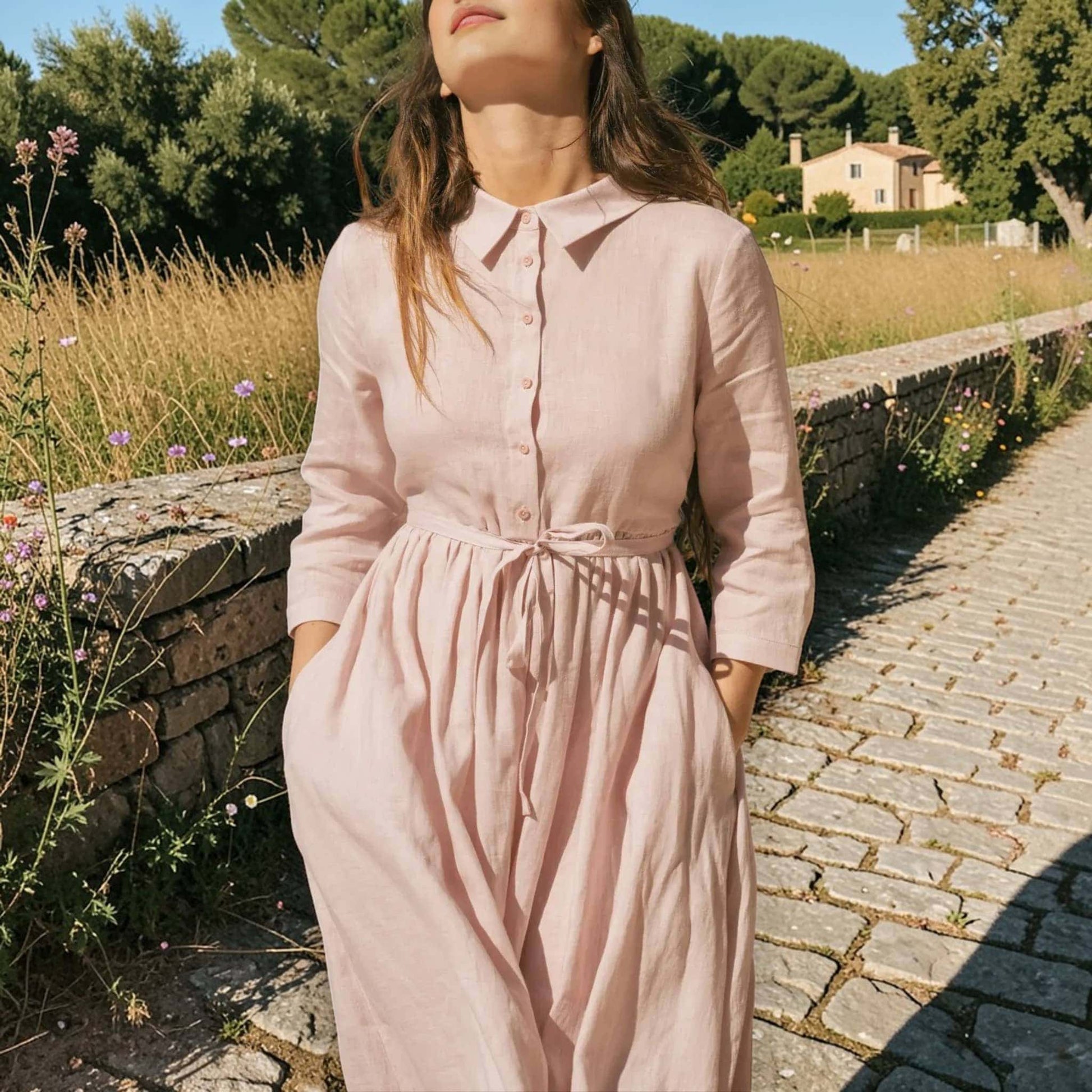 Button Down Linen Maxi Dress, Tie Waist Maxi Dress