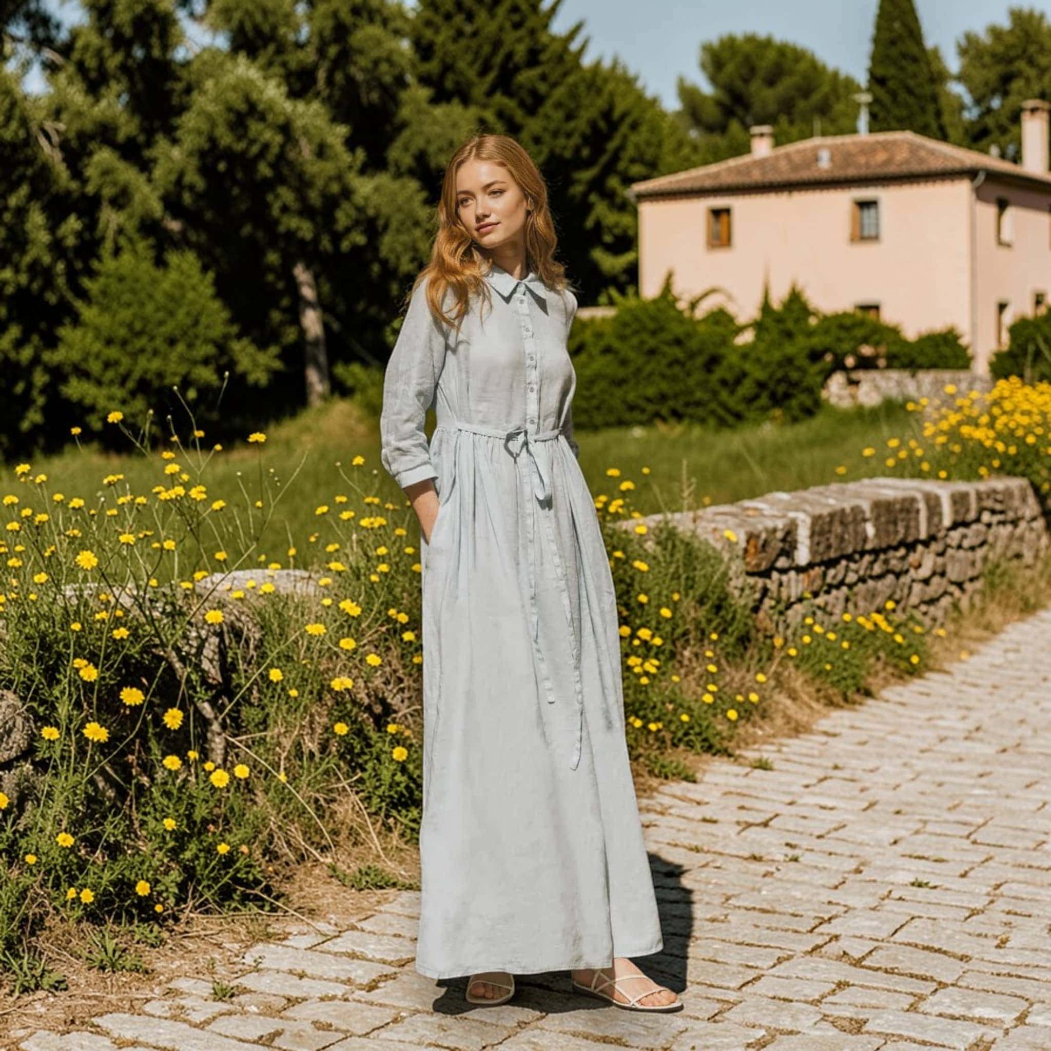 Button Down Linen Maxi Dress, Tie Waist Maxi Dress