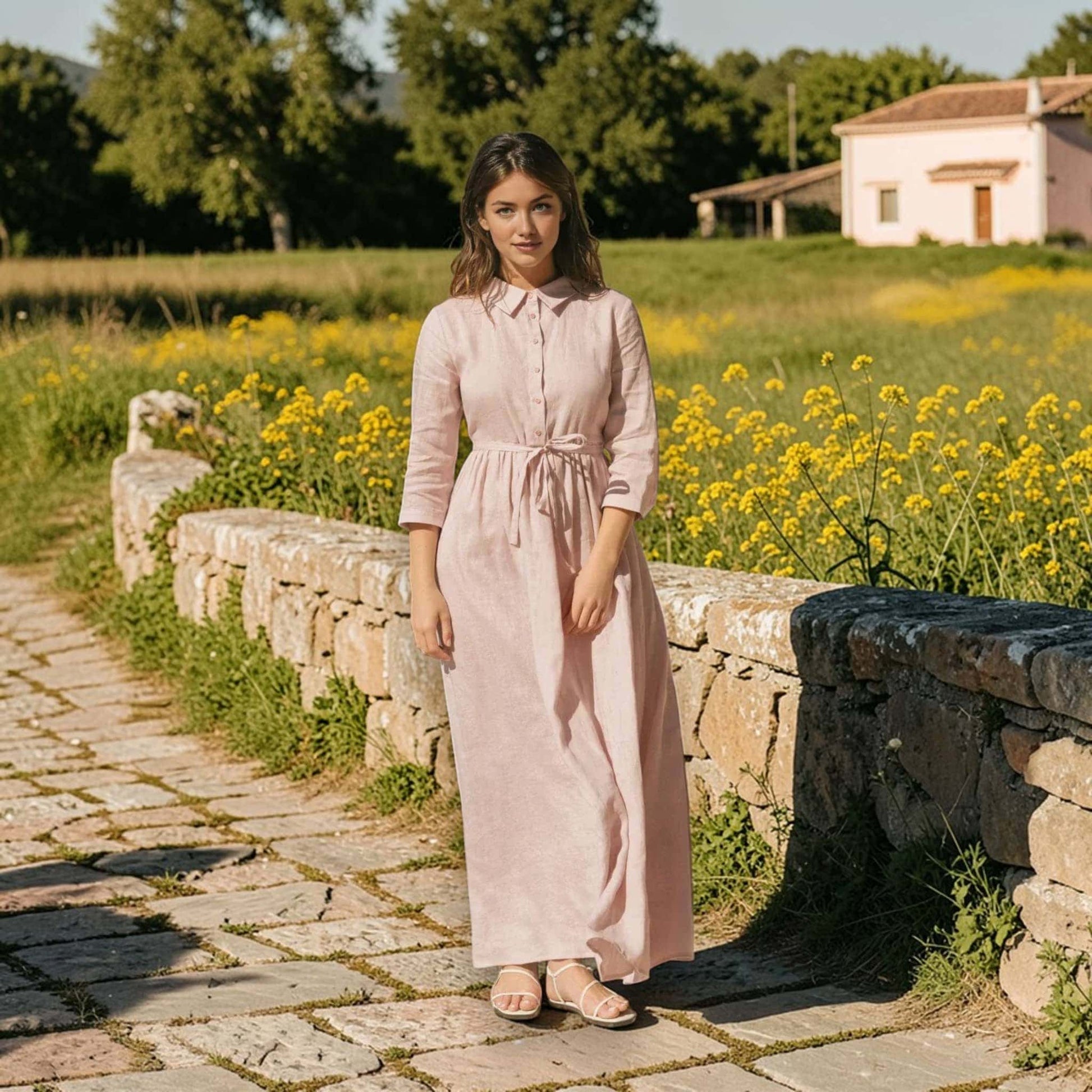 Button Down Linen Maxi Dress, Tie Waist Maxi Dress