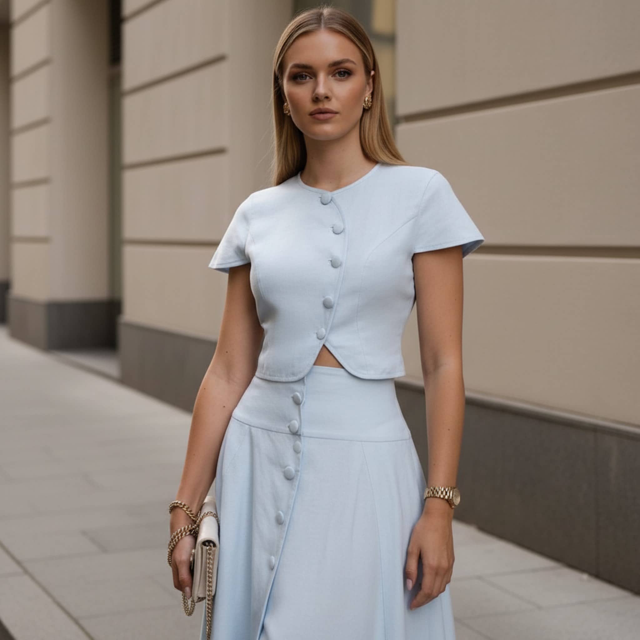 Button Front Linen Crop Top, Round Neck Short Sleeve