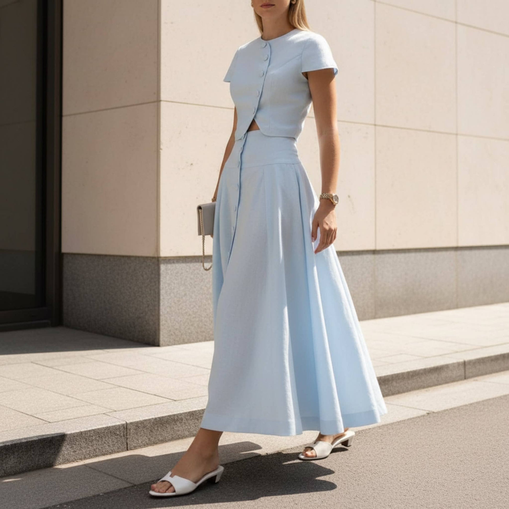 Button Front Linen Crop Top, Round Neck Short Sleeve