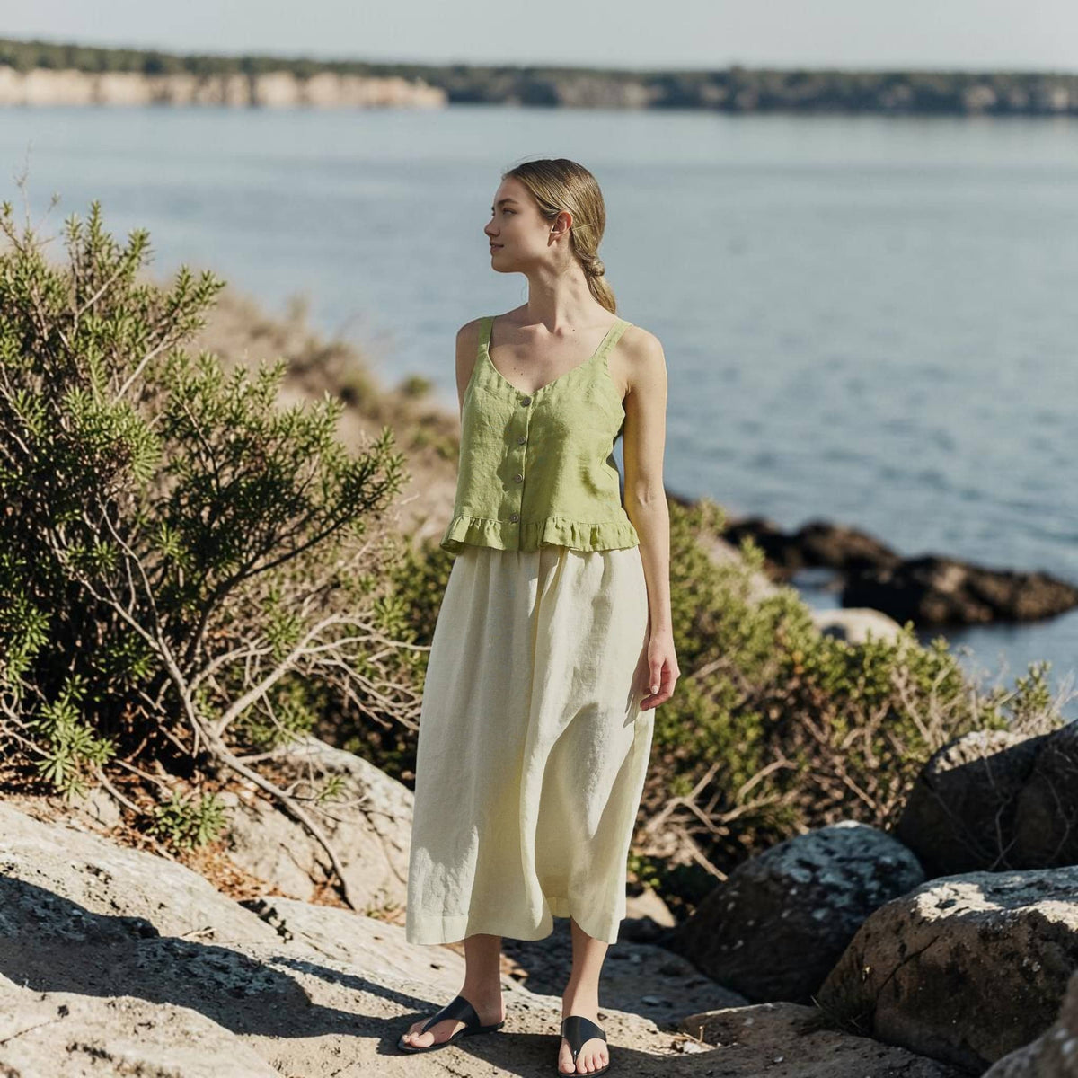 Button Front Linen Crop Top, V Neck Ruffle Hem