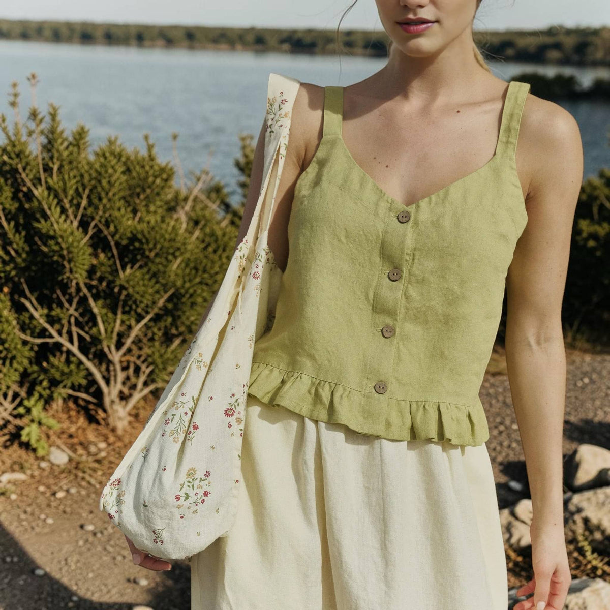 Button Front Linen Crop Top, V Neck Ruffle Hem