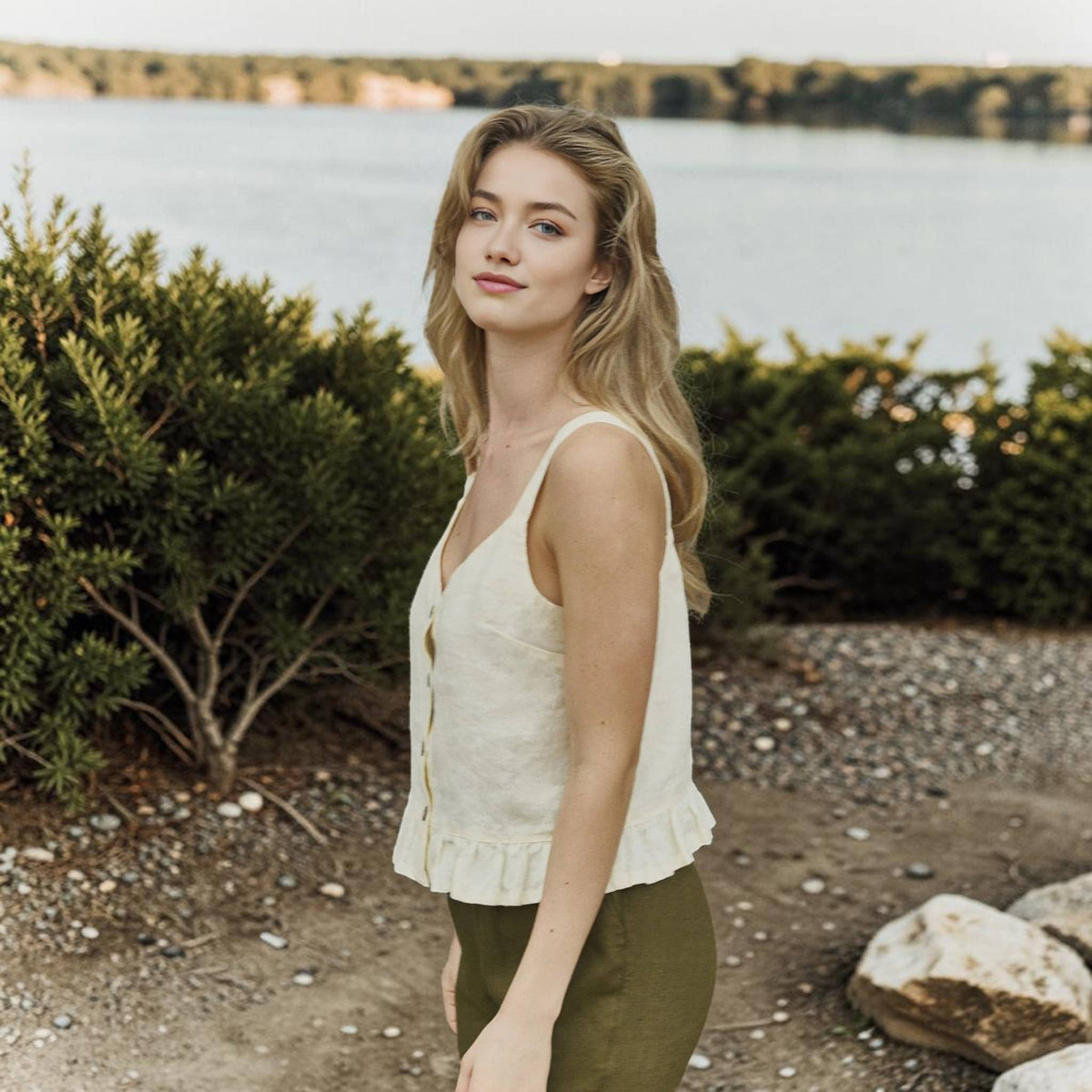 Button Front Linen Crop Top, V Neck Ruffle Hem