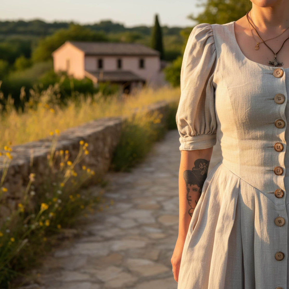 Button Front Linen Maxi Dress, Puff Sleeve Maxi Dress