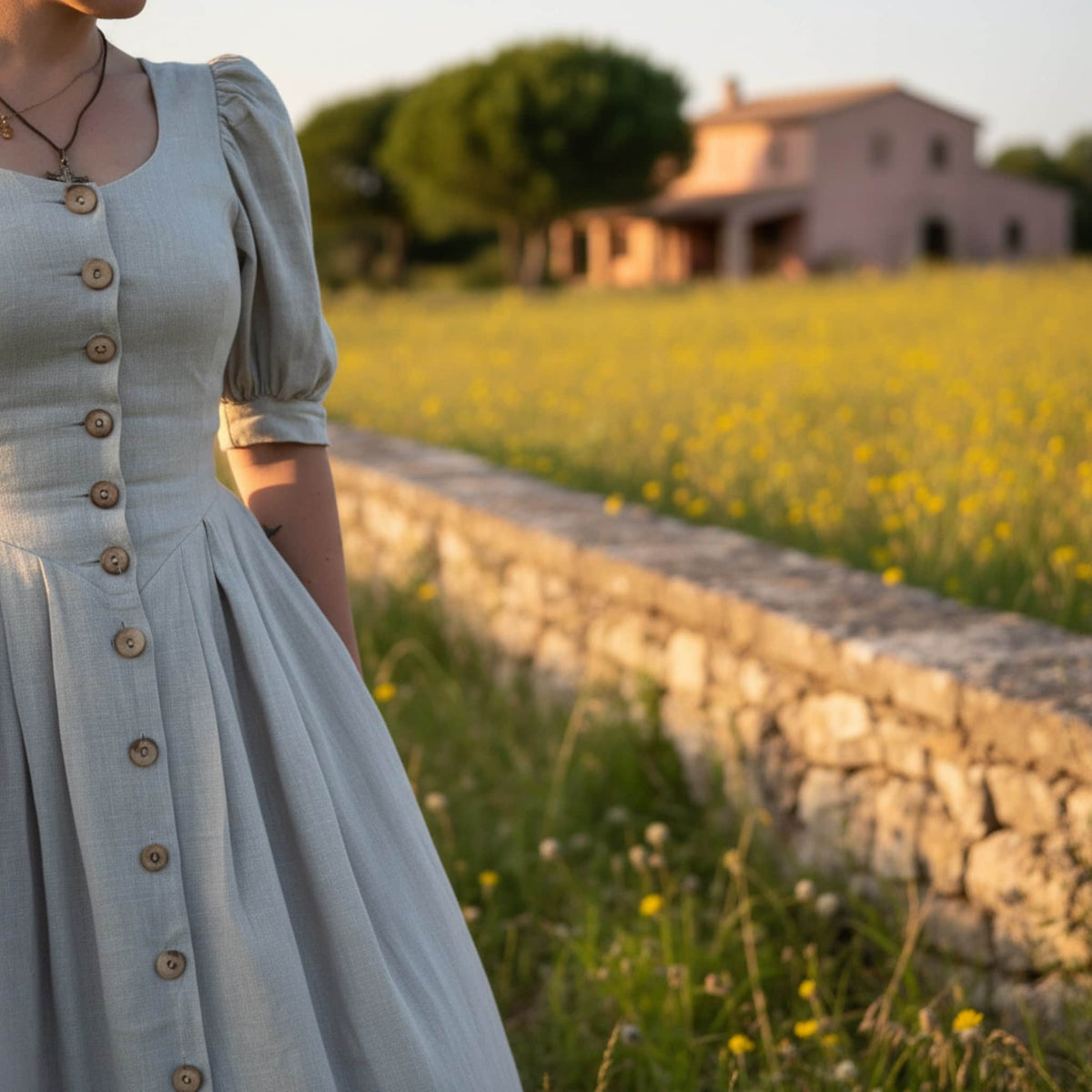 Button Front Linen Maxi Dress, Puff Sleeve Maxi Dress