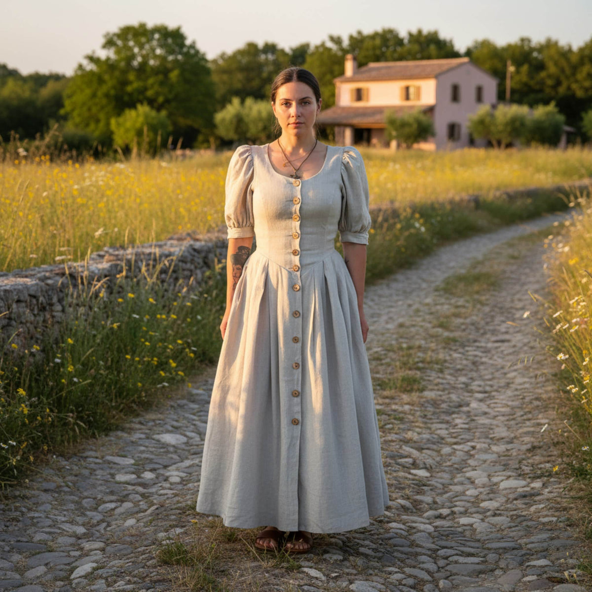 Button Front Linen Maxi Dress, Puff Sleeve Maxi Dress
