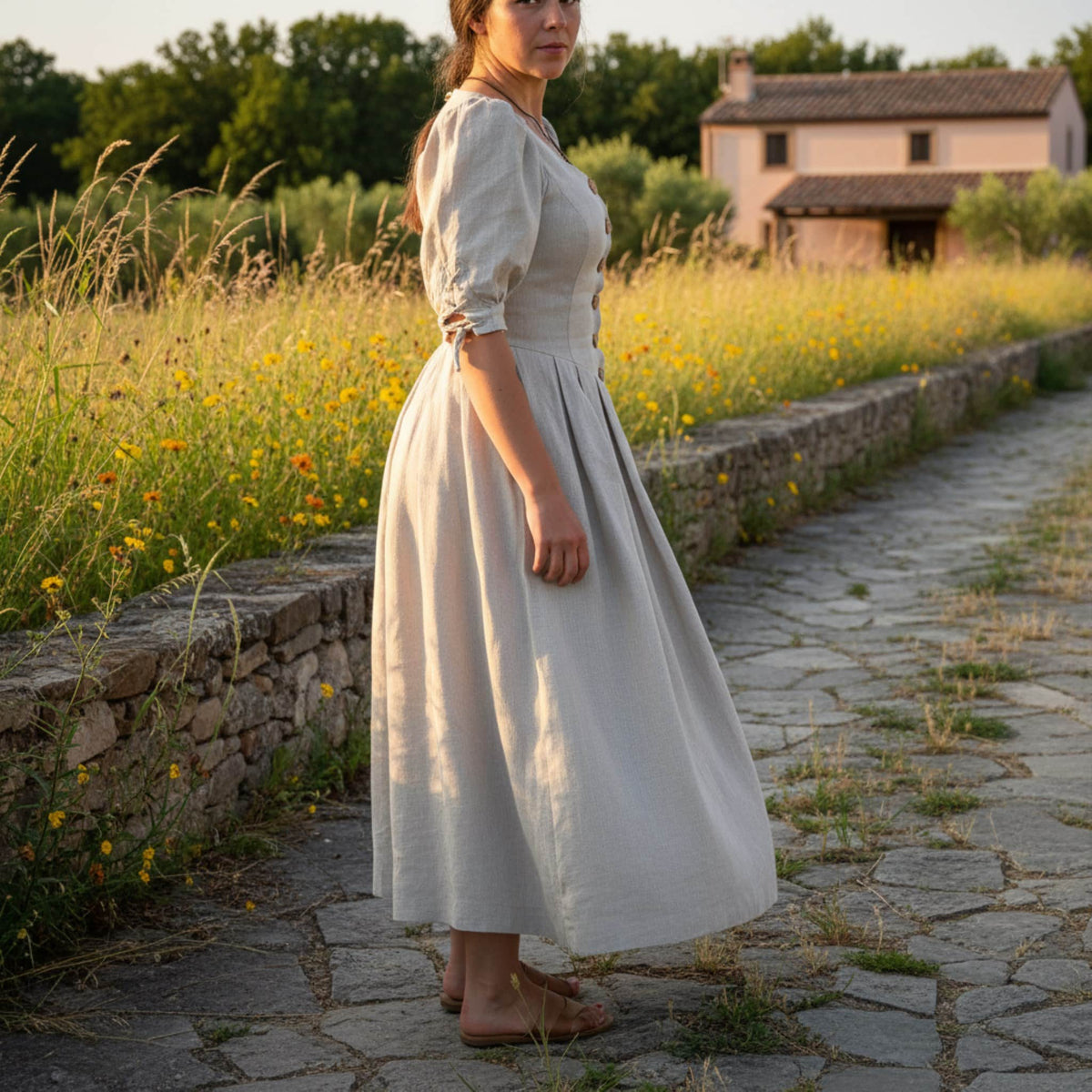 Button Front Linen Maxi Dress, Puff Sleeve Maxi Dress