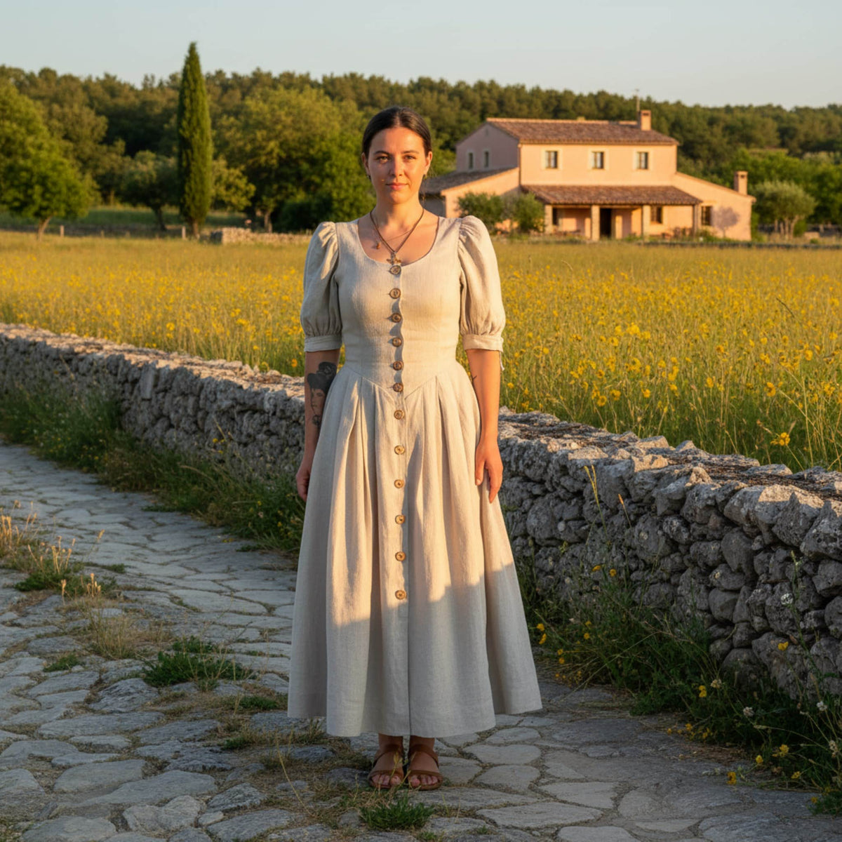 Button Front Linen Maxi Dress, Puff Sleeve Maxi Dress