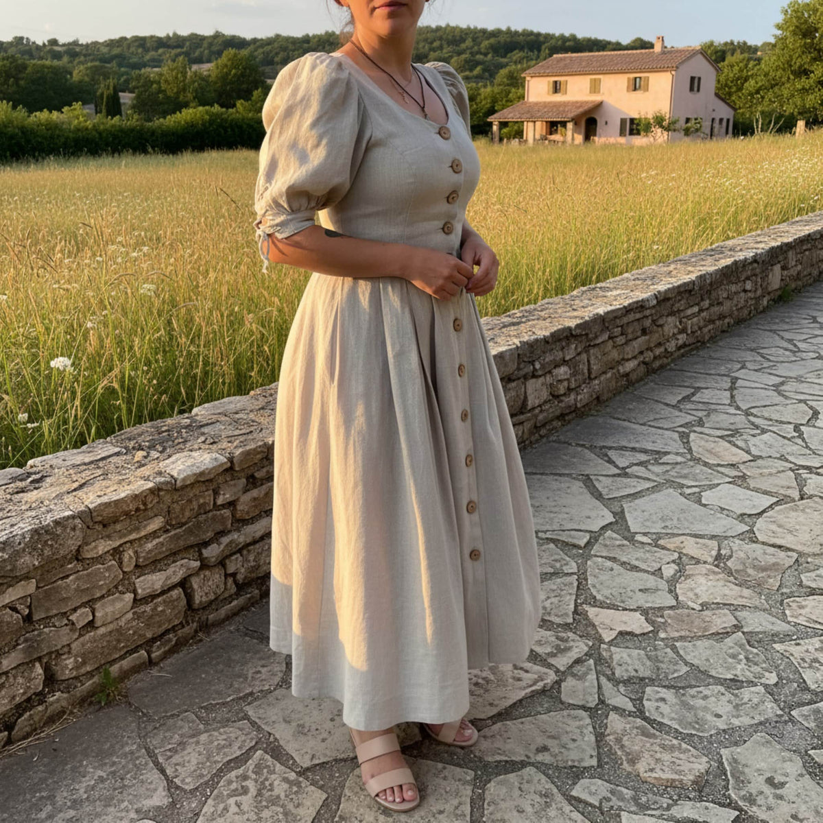 Button Front Linen Maxi Dress, Puff Sleeve Maxi Dress