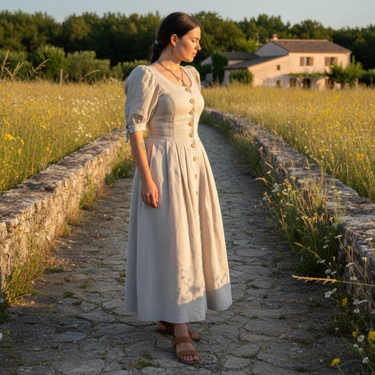 Button Front Linen Maxi Dress, Puff Sleeve Maxi Dress
