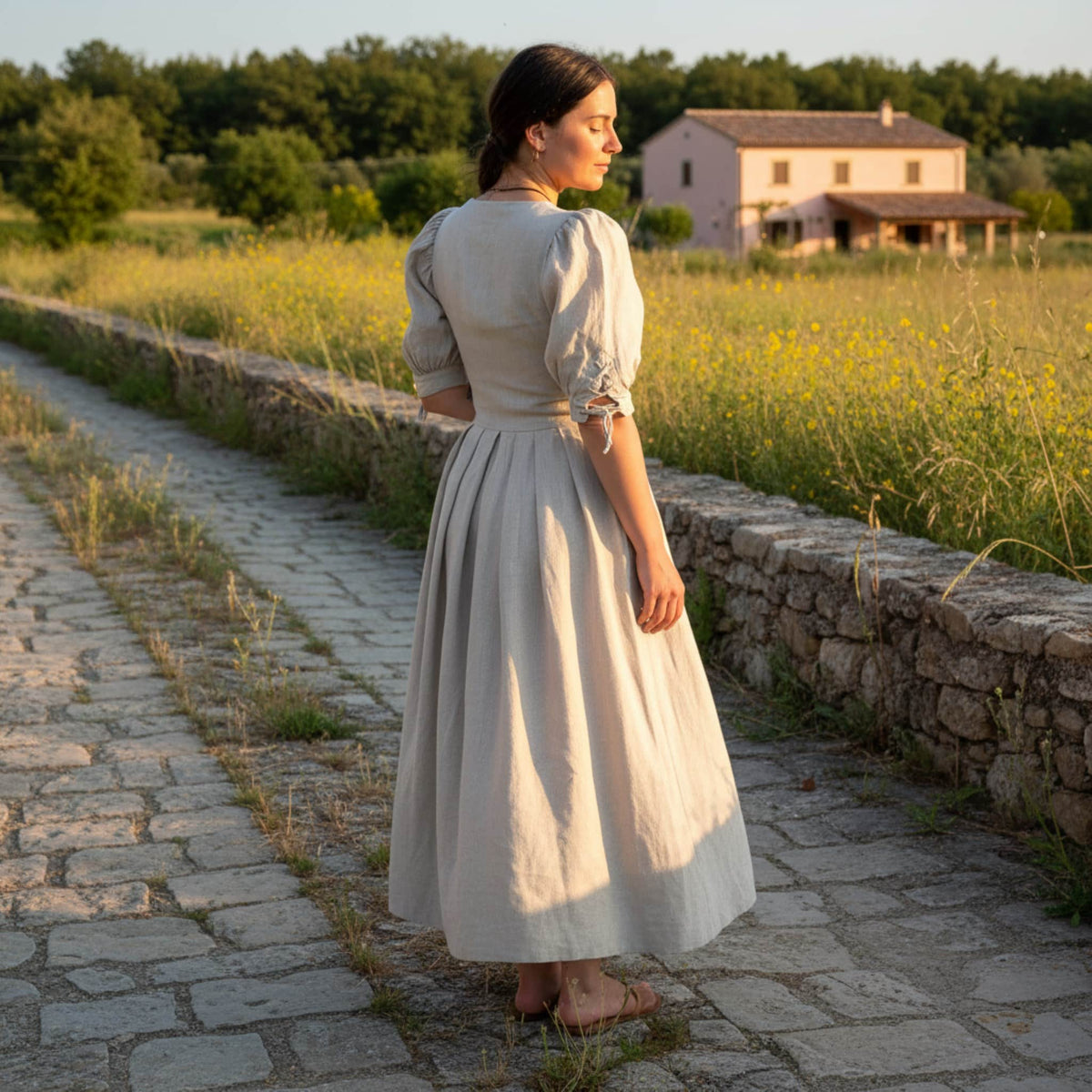 Button Front Linen Maxi Dress, Puff Sleeve Maxi Dress