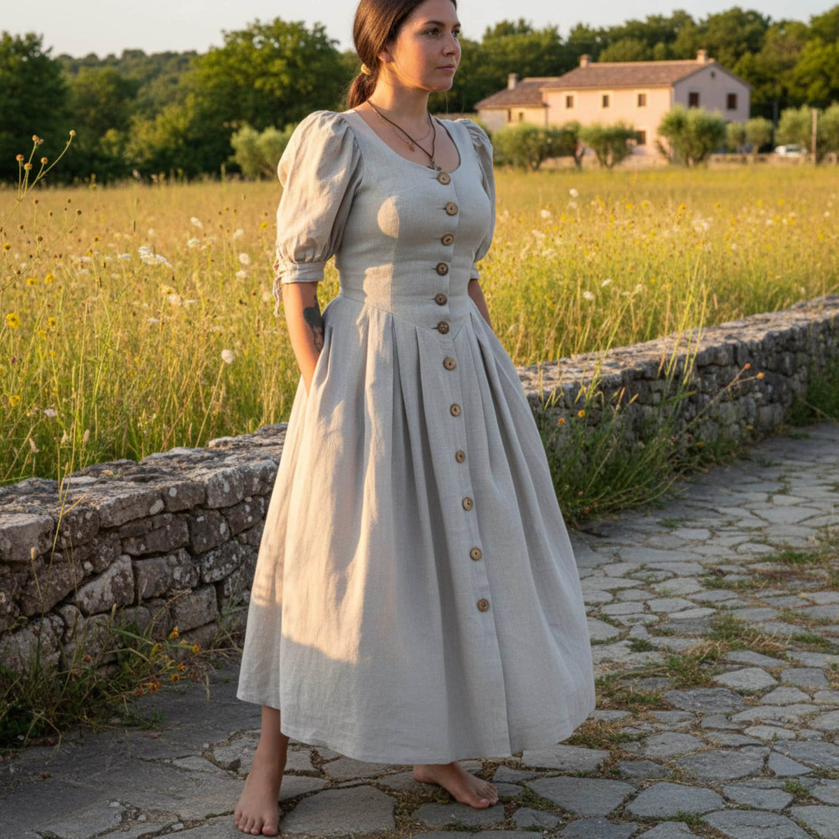 Button Front Linen Maxi Dress, Puff Sleeve Maxi Dress