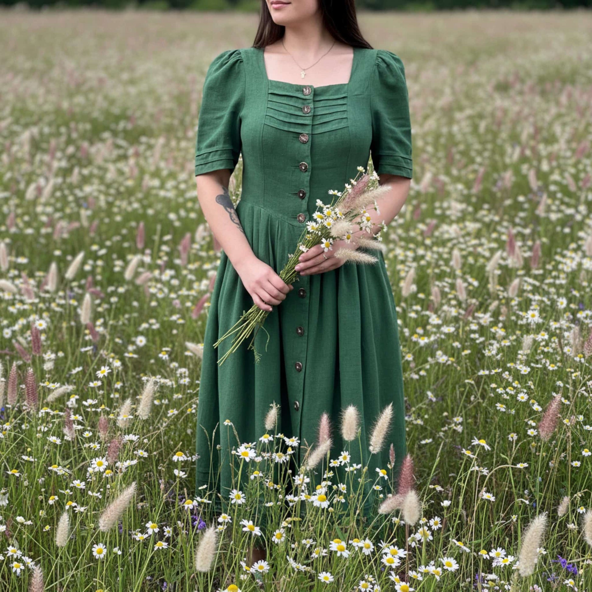 Button Front Linen Maxi Dress, Square Neck Maxi Dress