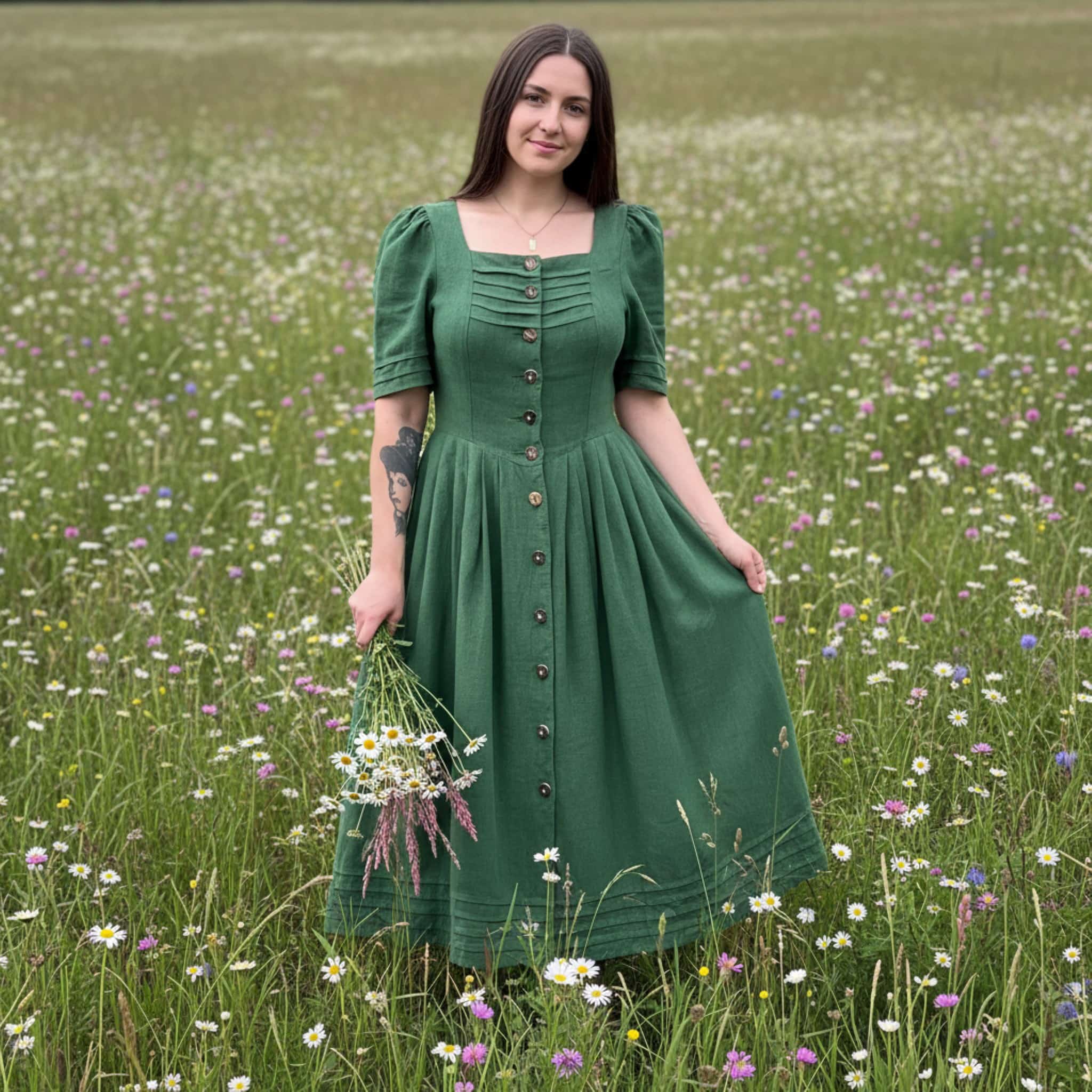 Button Front Linen Maxi Dress, Square Neck Maxi Dress