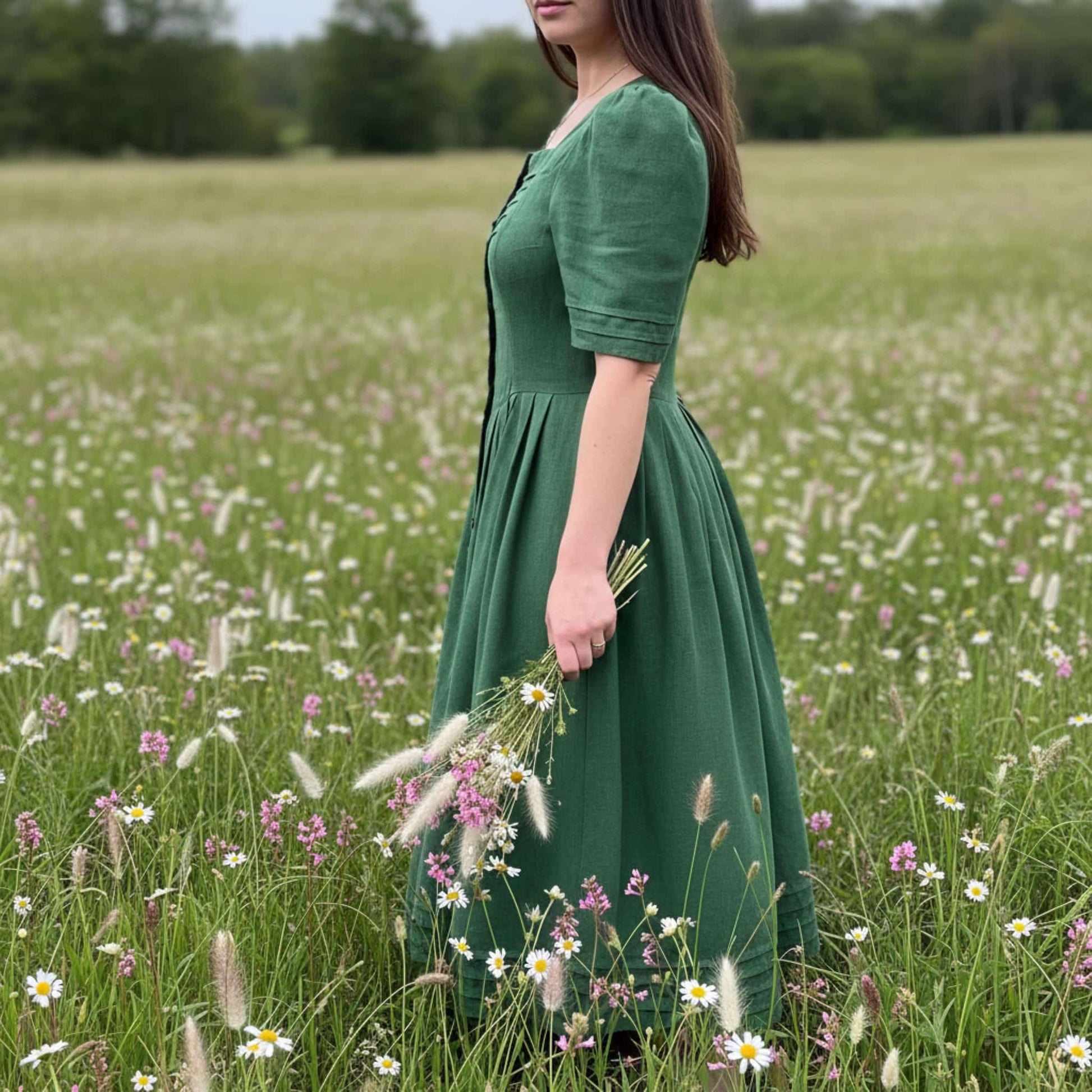 Button Front Linen Maxi Dress, Square Neck Maxi Dress