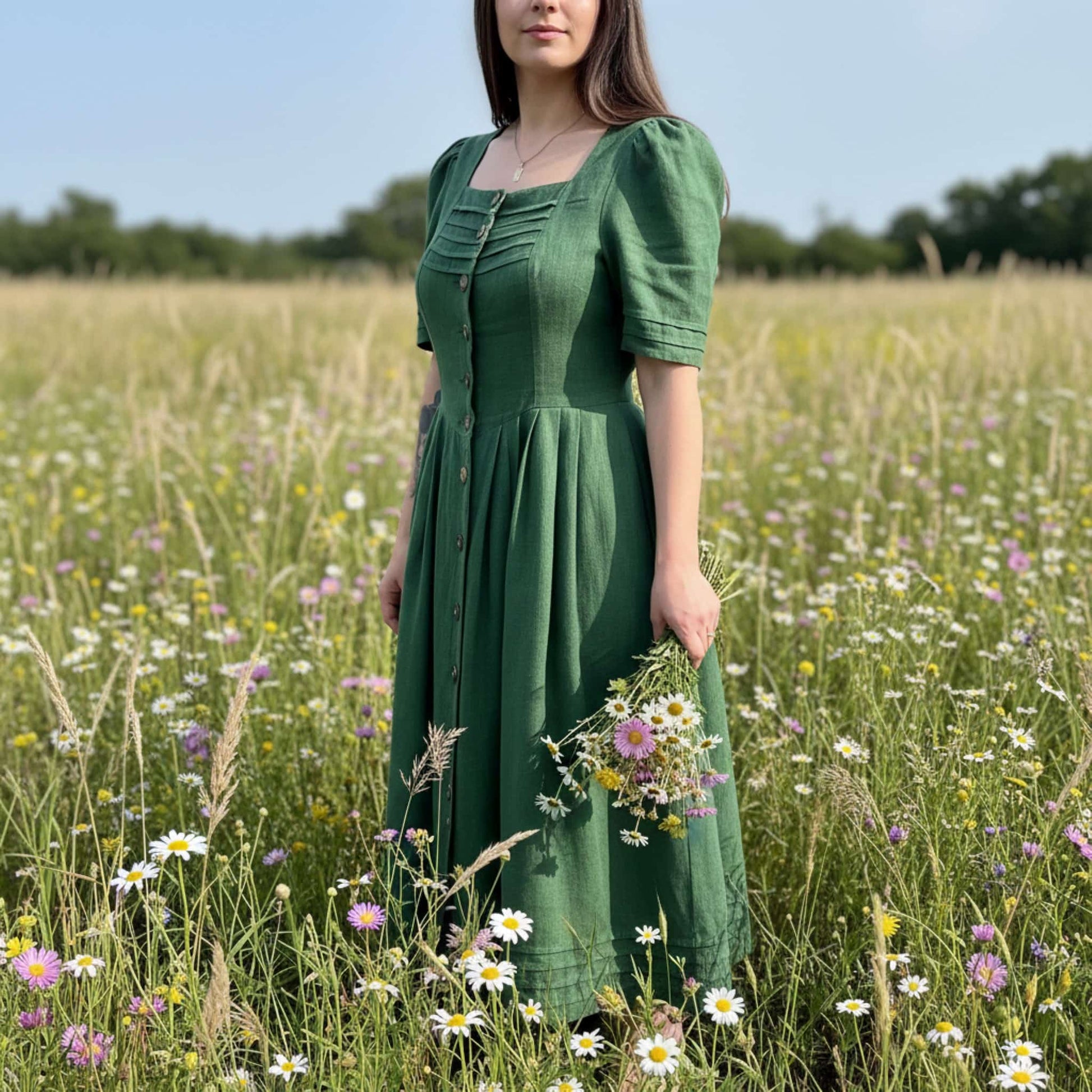 Button Front Linen Maxi Dress, Square Neck Maxi Dress