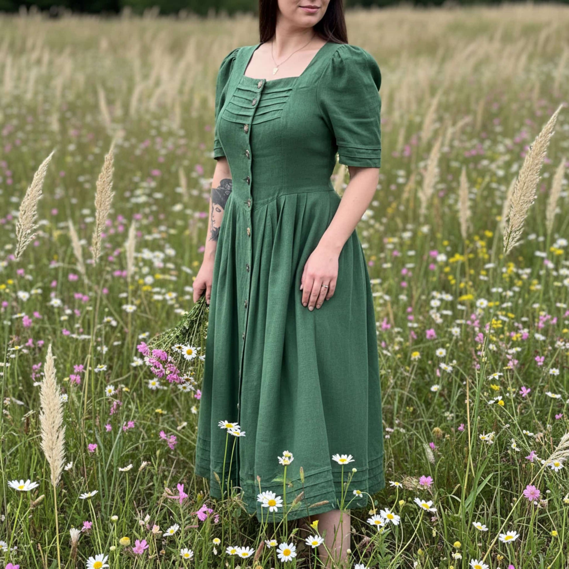 Button Front Linen Maxi Dress, Square Neck Maxi Dress