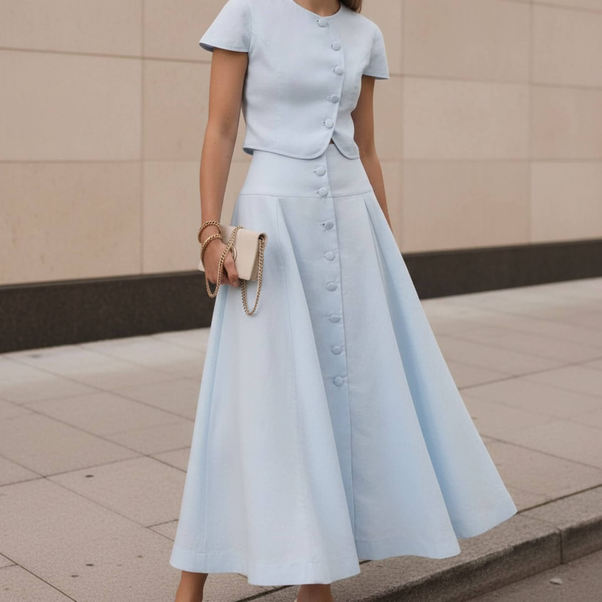Button Front Linen Maxi Skirt, High Waisted Yoke-Waist