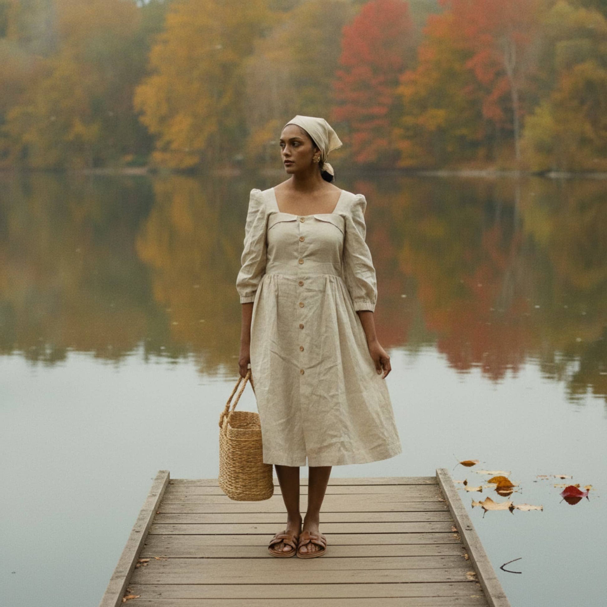 Button Front Linen Midi Dress, 3/4 Puff Sleeve