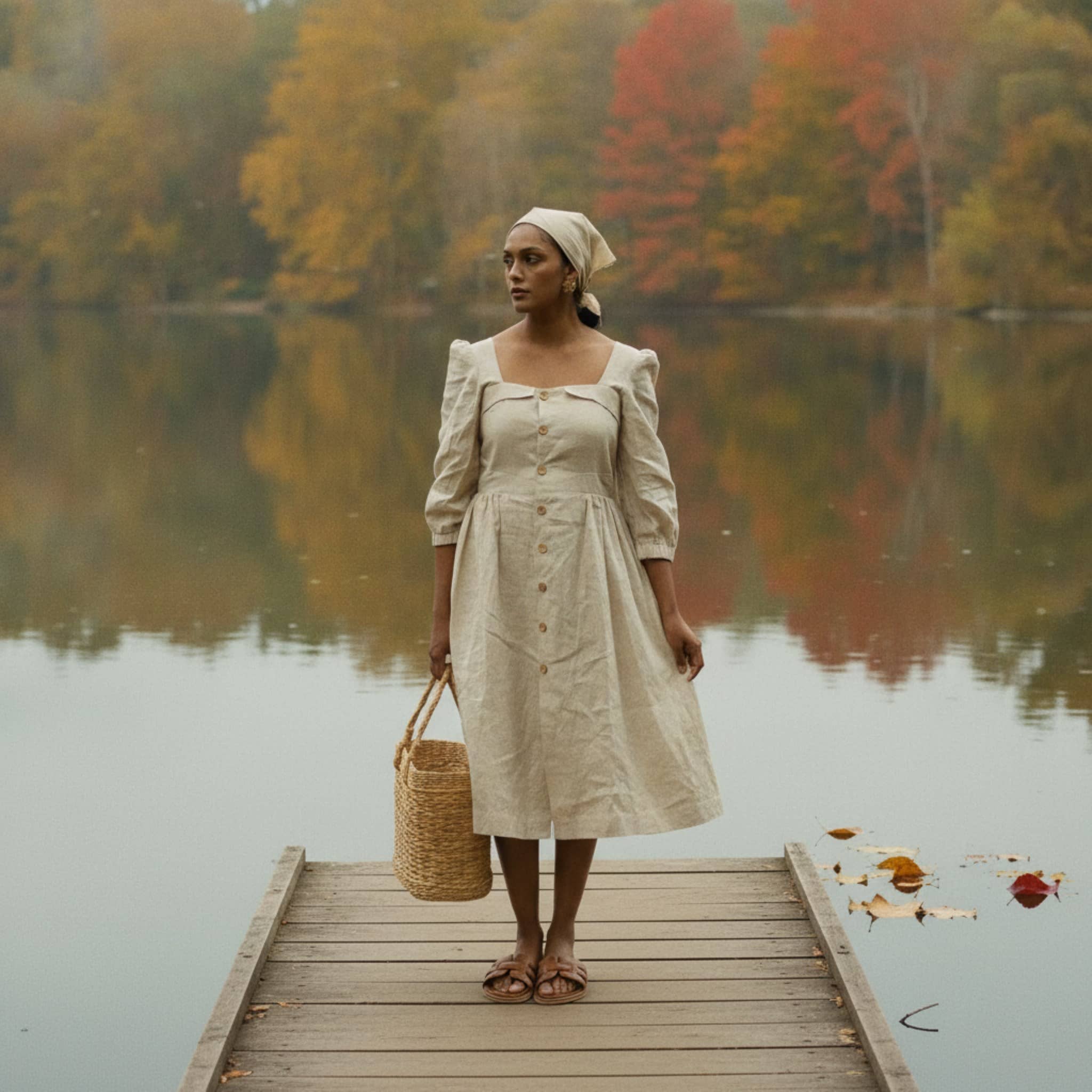 Button Front Linen Midi Dress, 3/4 Puff Sleeve