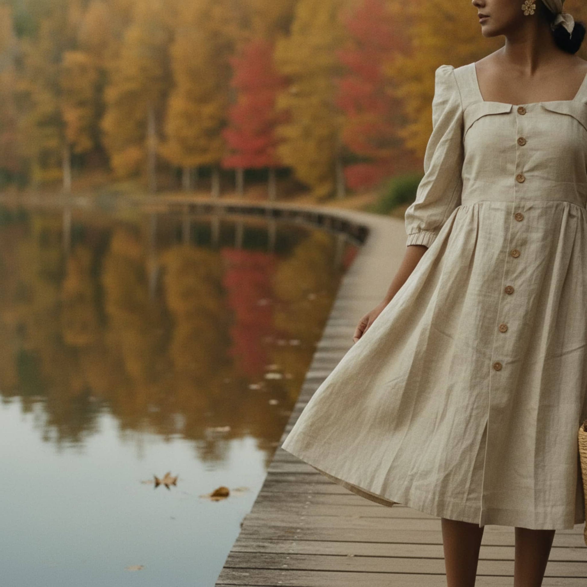 Button Front Linen Midi Dress, 3/4 Puff Sleeve