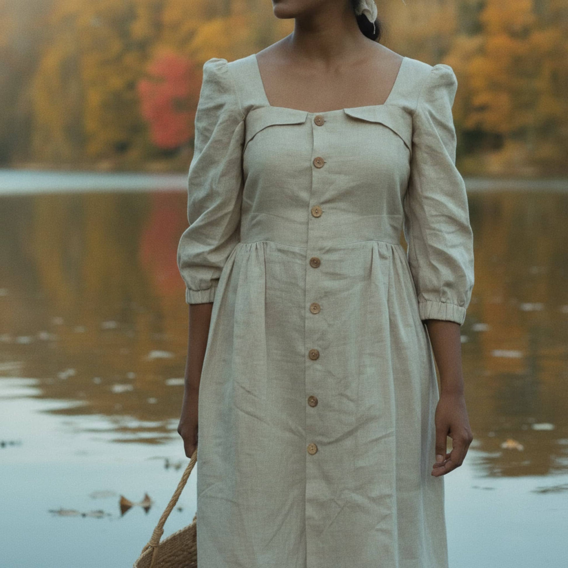 Button Front Linen Midi Dress, 3/4 Puff Sleeve
