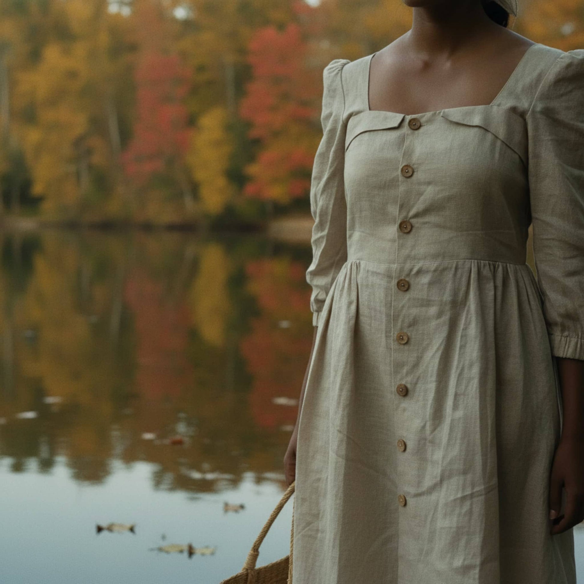 Button Front Linen Midi Dress, 3/4 Puff Sleeve