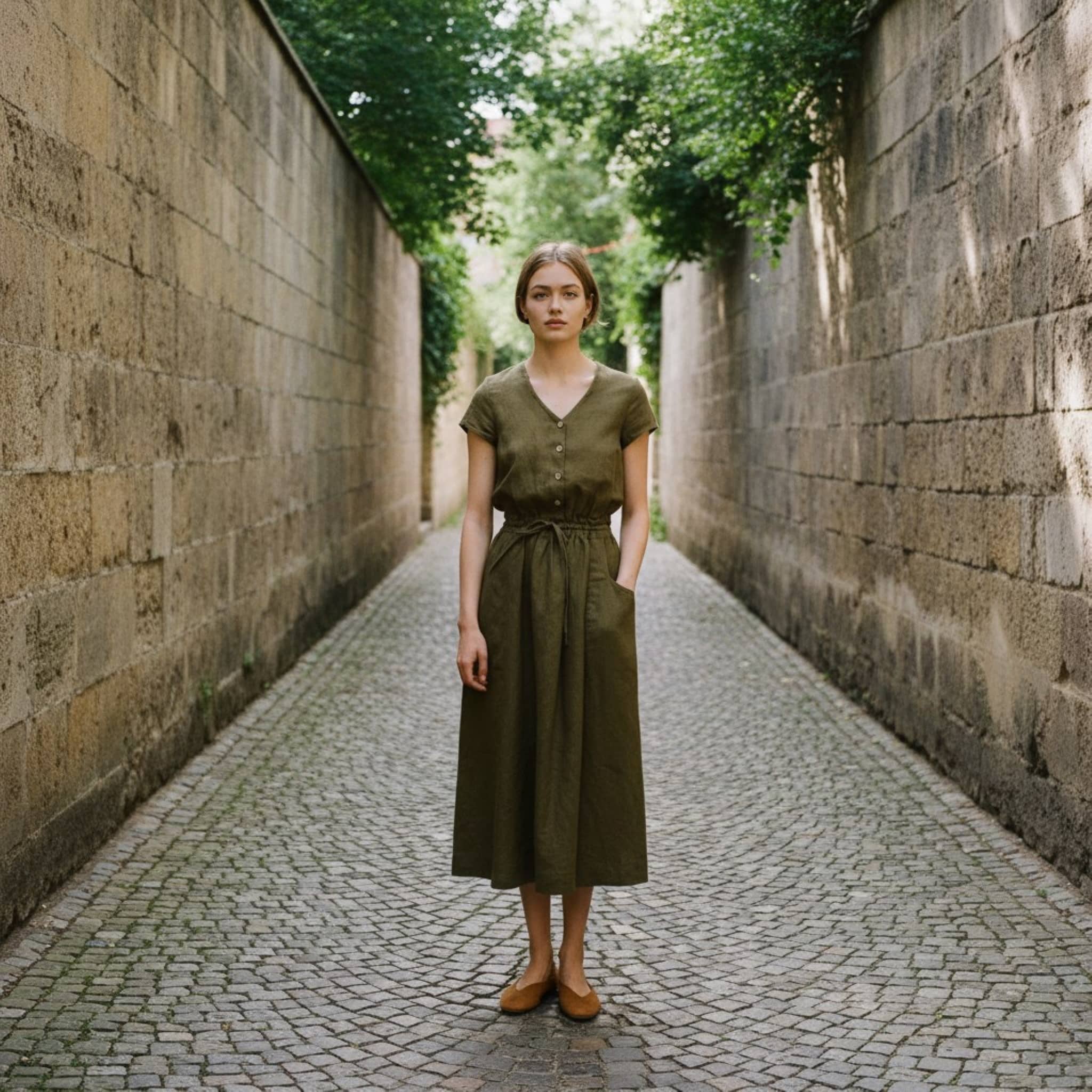 Button Front Linen Midi Dress, Drawstring Waist Short Sleeve