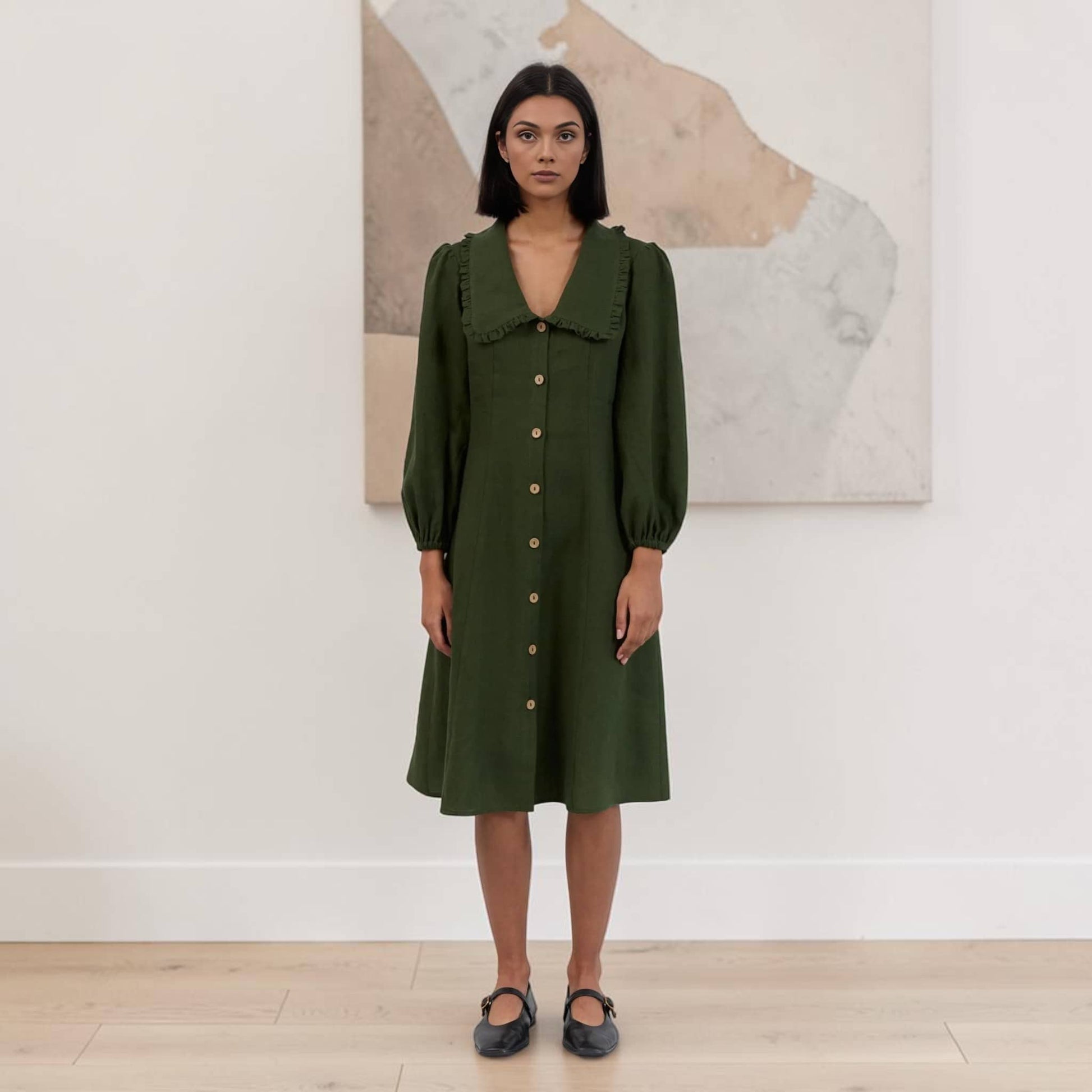 Button Front Linen Midi Dress, Long Sleeve Ruffle Collar