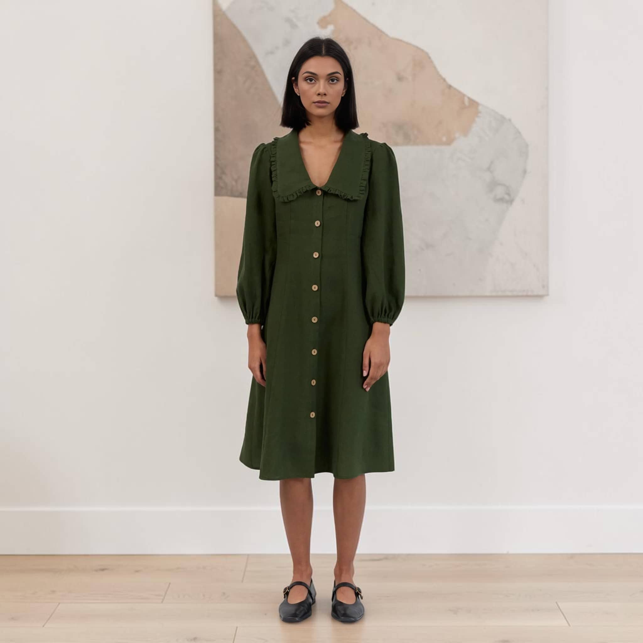Button Front Linen Midi Dress, Long Sleeve Ruffle Collar