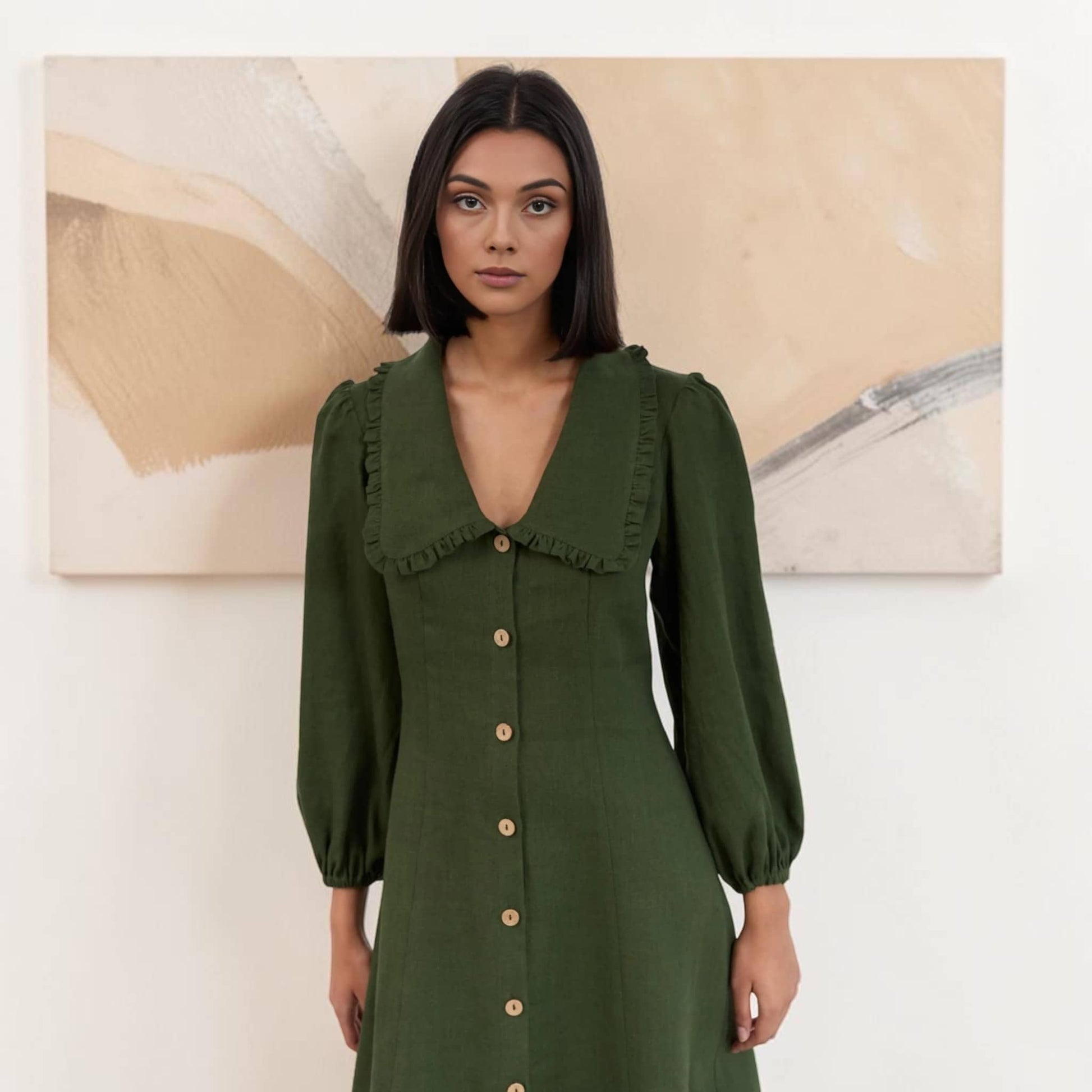 Button Front Linen Midi Dress, Long Sleeve Ruffle Collar
