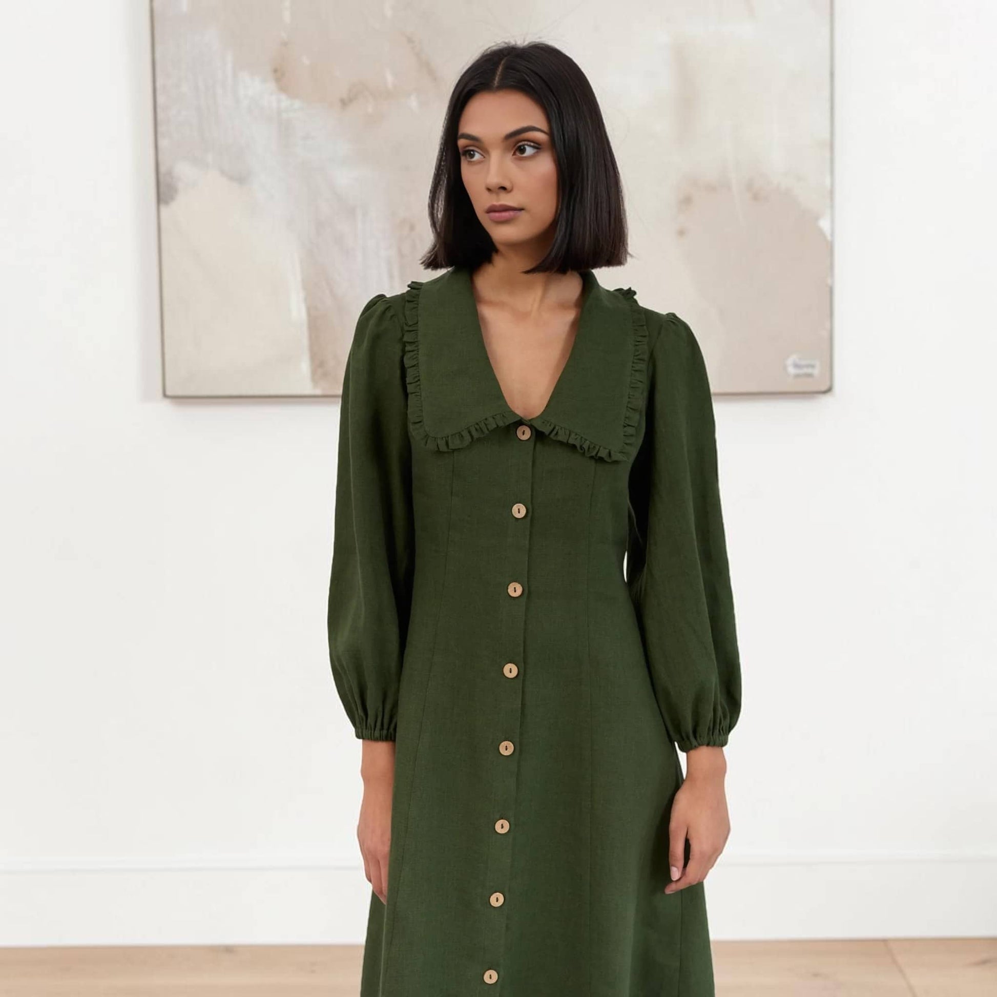 Button Front Linen Midi Dress, Long Sleeve Ruffle Collar