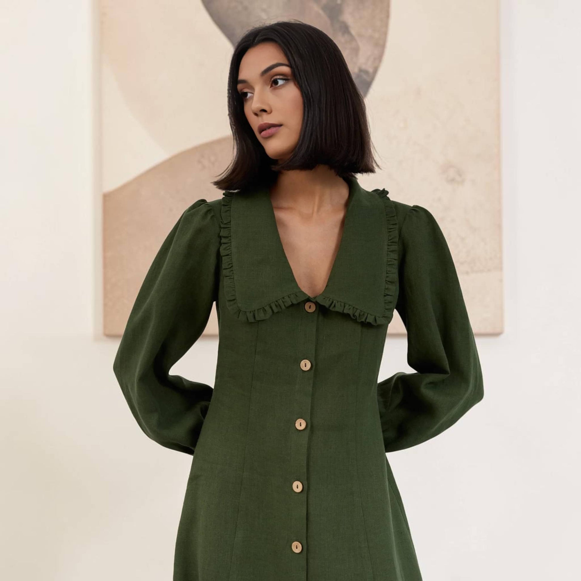 Button Front Linen Midi Dress, Long Sleeve Ruffle Collar