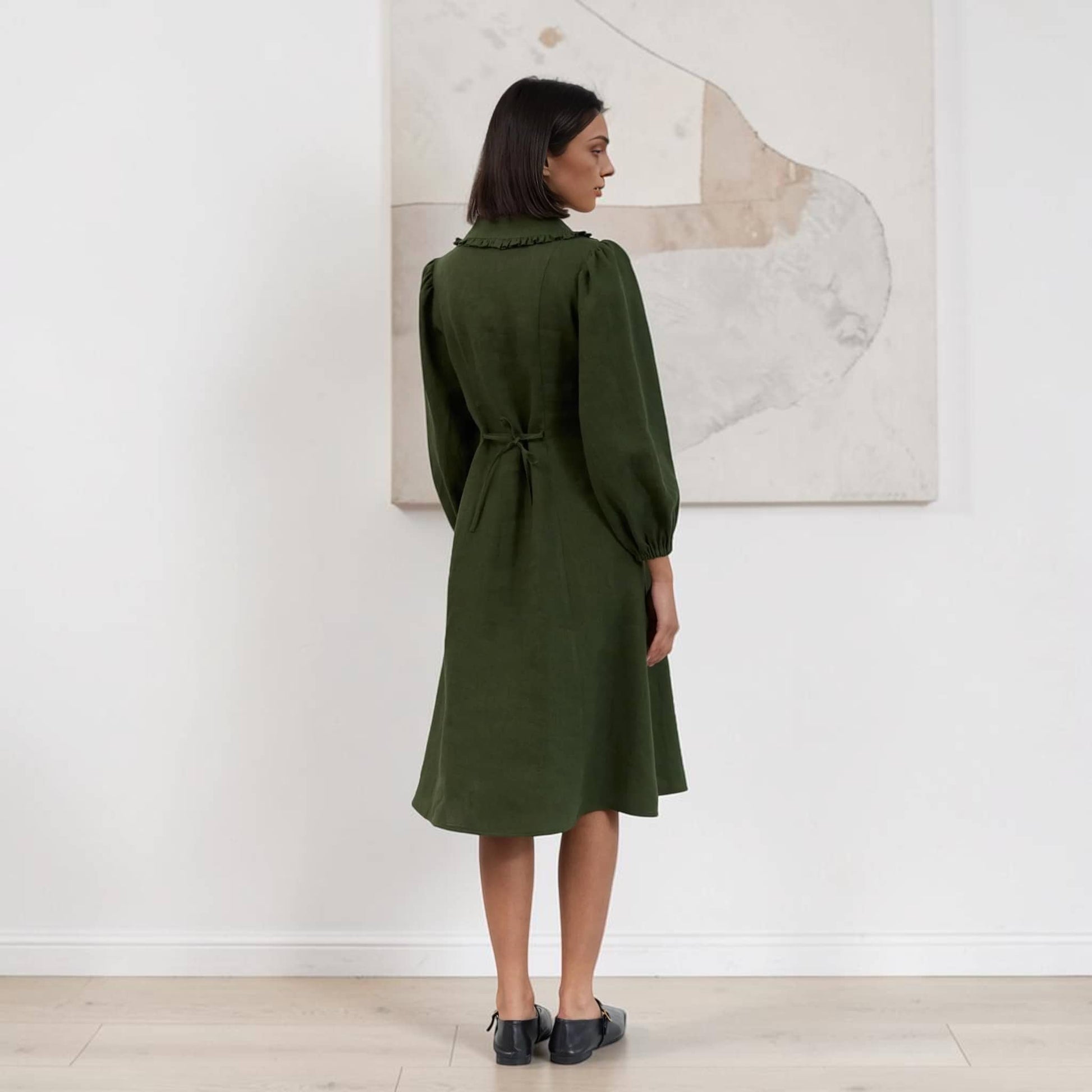 Button Front Linen Midi Dress, Long Sleeve Ruffle Collar