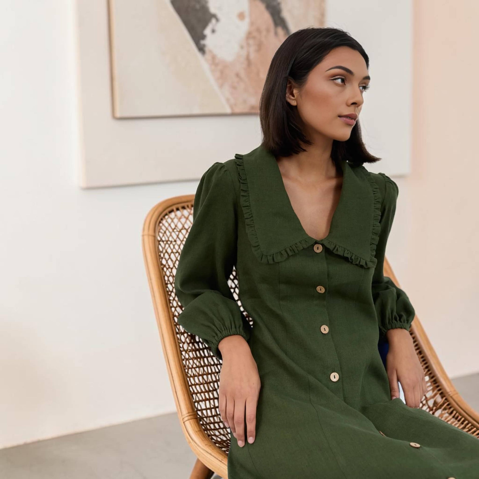 Button Front Linen Midi Dress, Long Sleeve Ruffle Collar