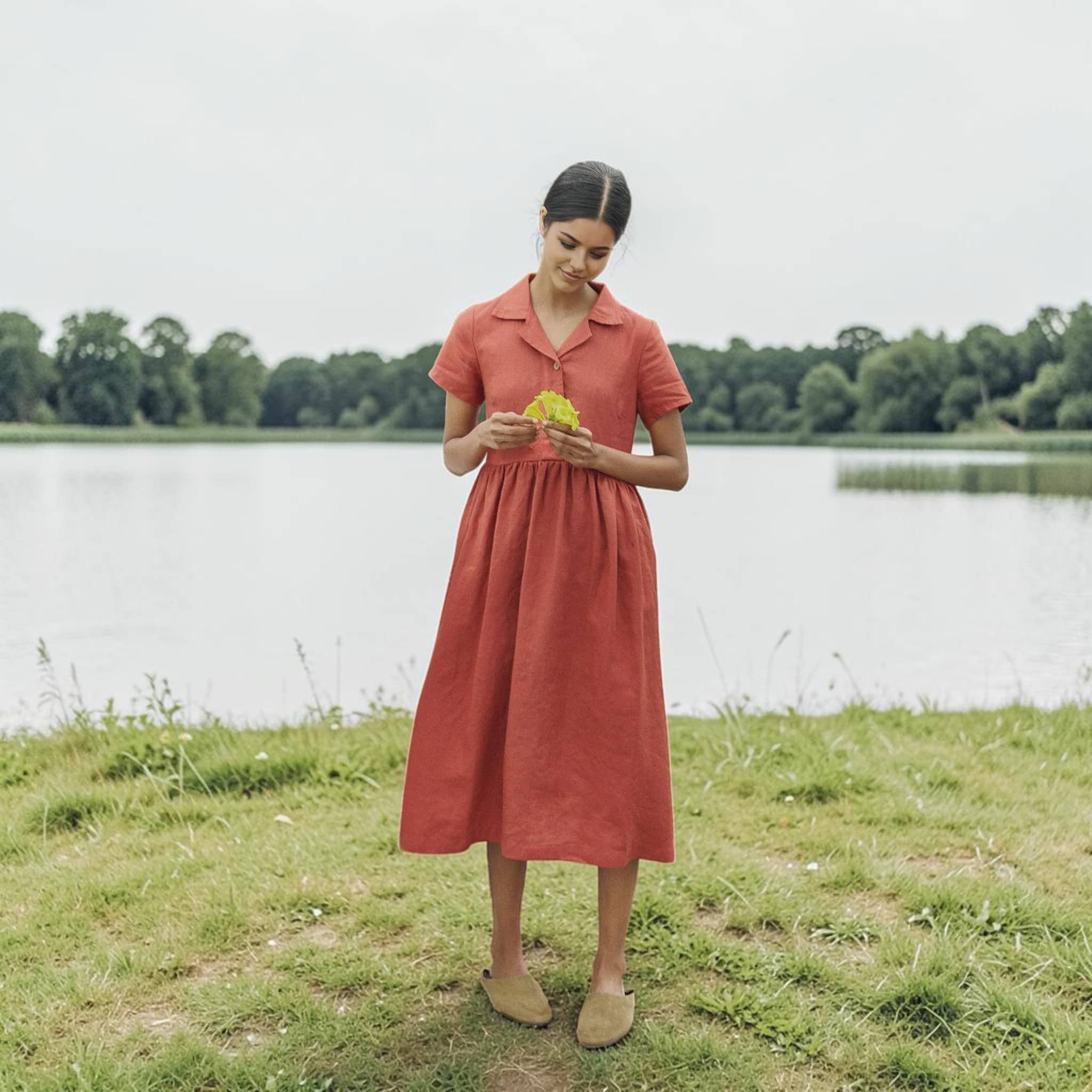 Button Front Linen Midi Dress, Notched Collar Short Sleeve