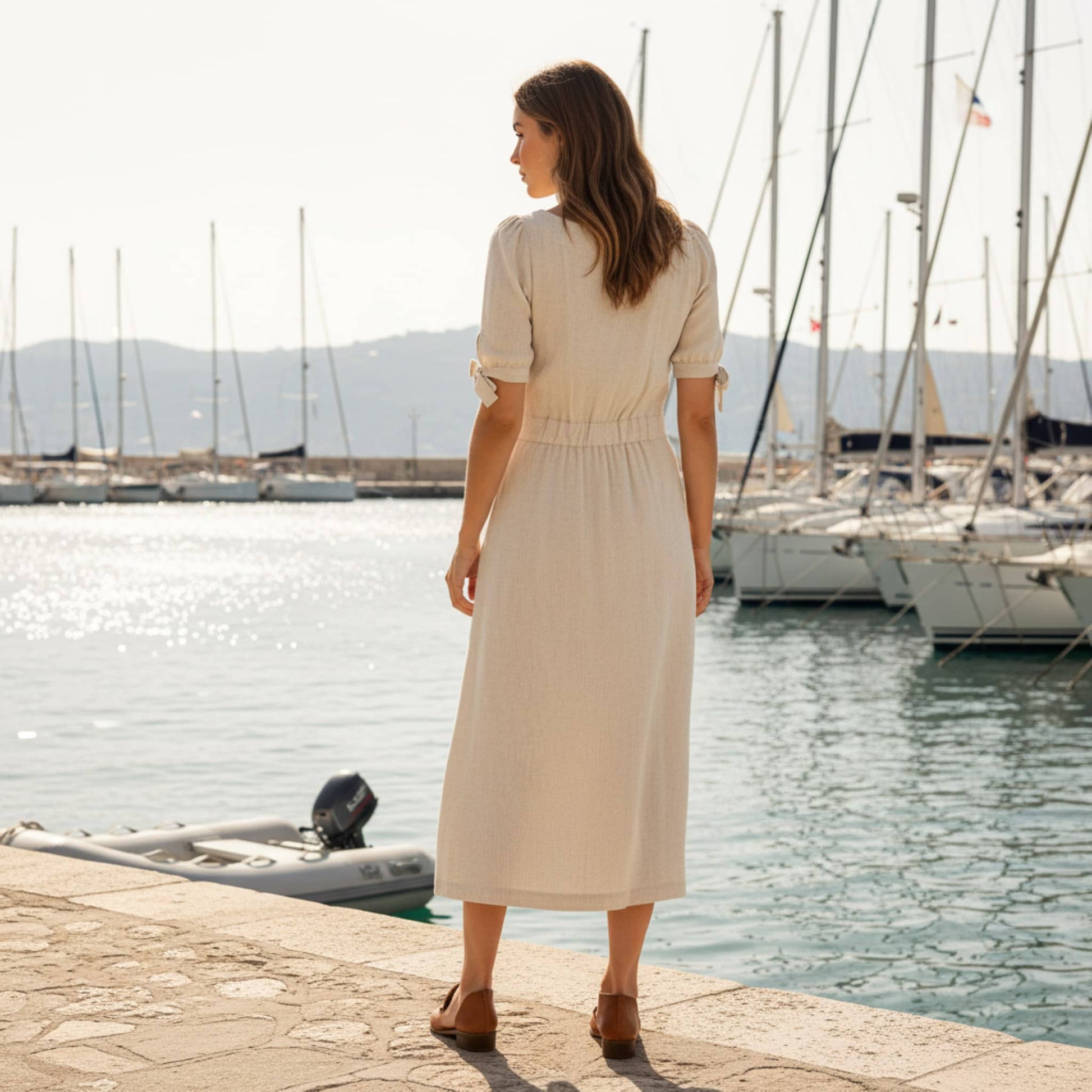 Button Front Linen Midi Dress, Scoop Neck Midi Dress