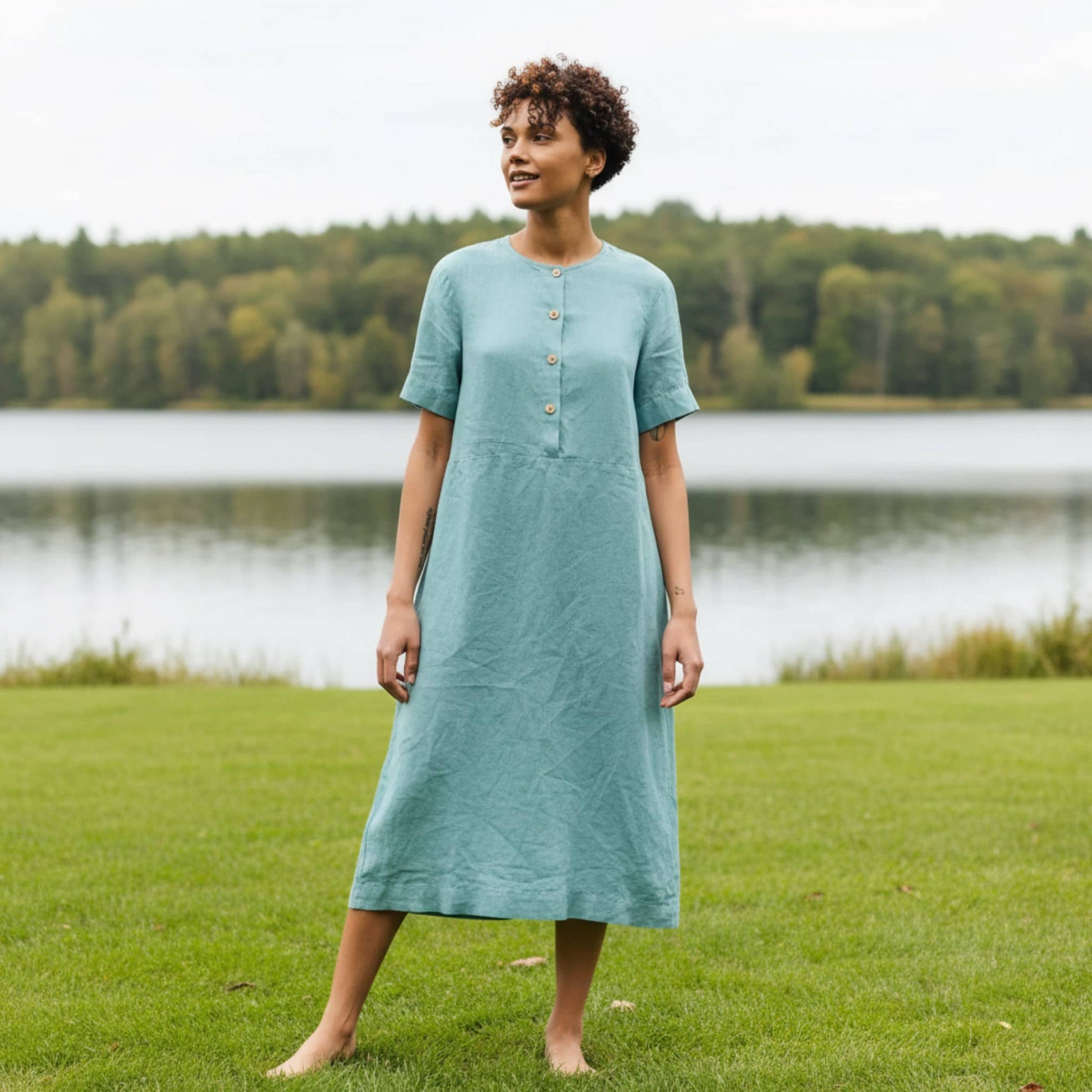 Button Front Linen Midi Dress, Short Sleeve Tie-Waist