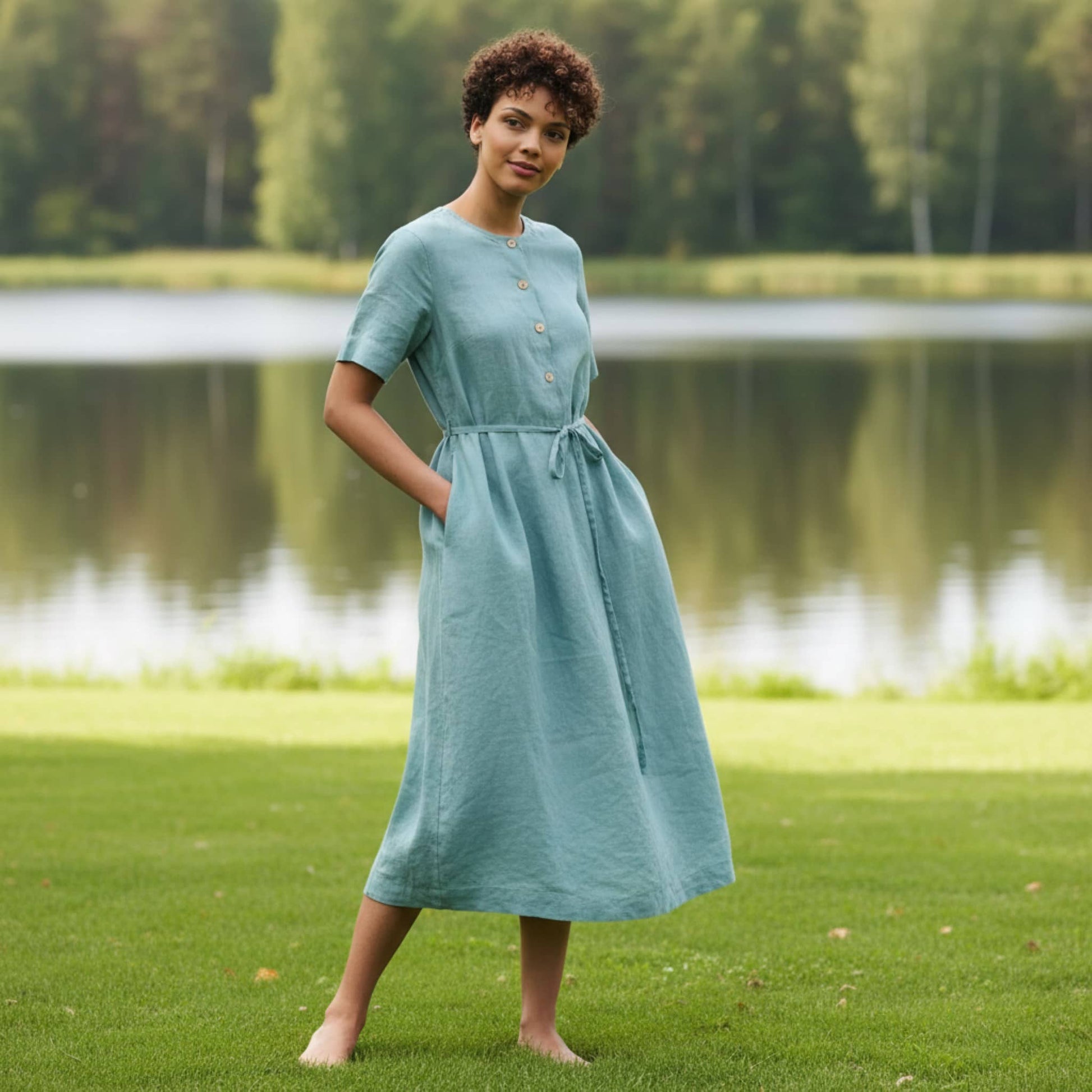 Button Front Linen Midi Dress, Short Sleeve Tie-Waist