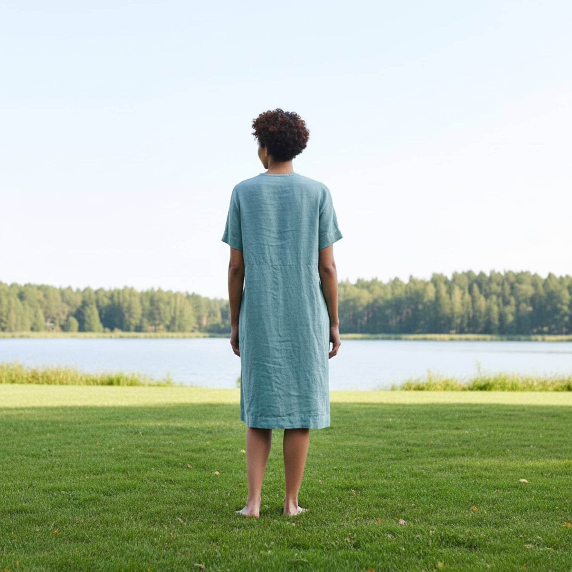 Button Front Linen Midi Dress, Short Sleeve Tie-Waist