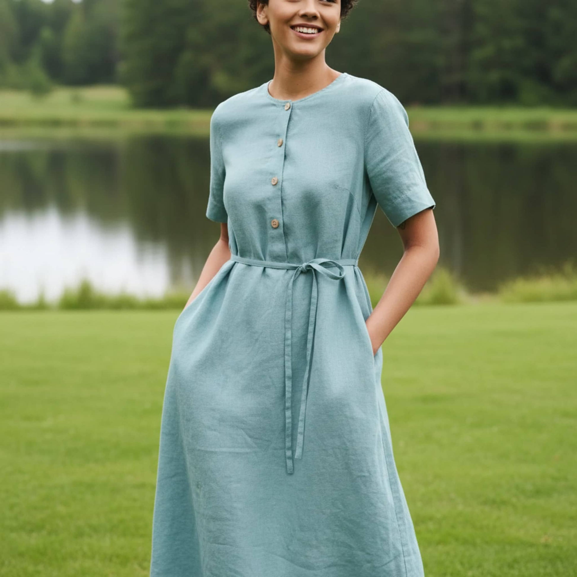 Button Front Linen Midi Dress, Short Sleeve Tie-Waist