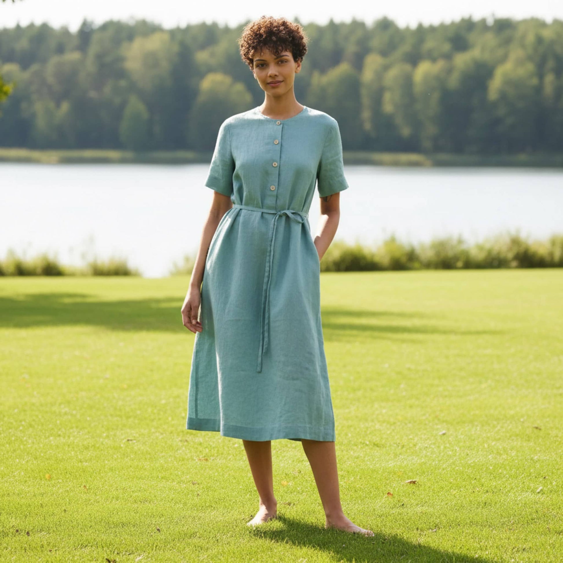 Button Front Linen Midi Dress, Short Sleeve Tie-Waist