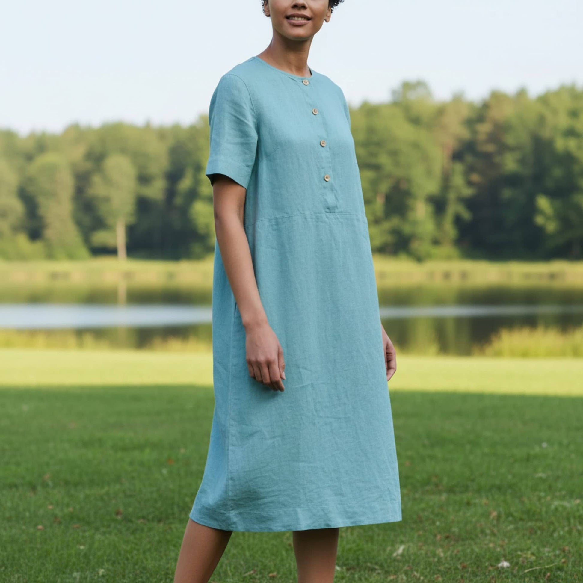 Button Front Linen Midi Dress, Short Sleeve Tie-Waist
