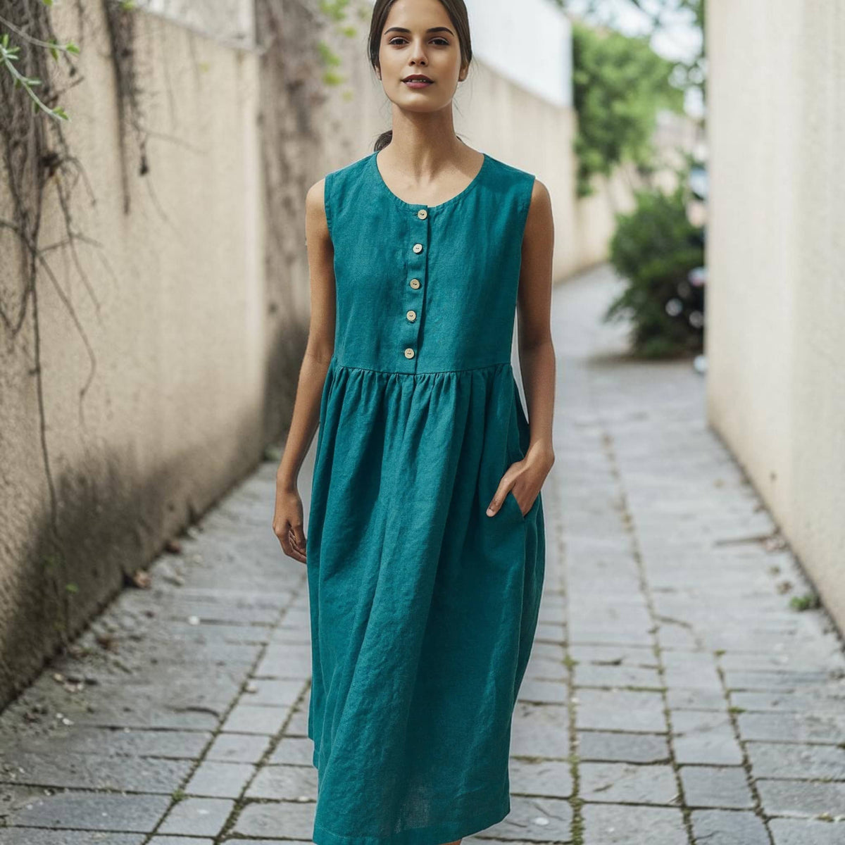 Button-Front Linen Midi Dress, Sleeveless Gathered-Skirt