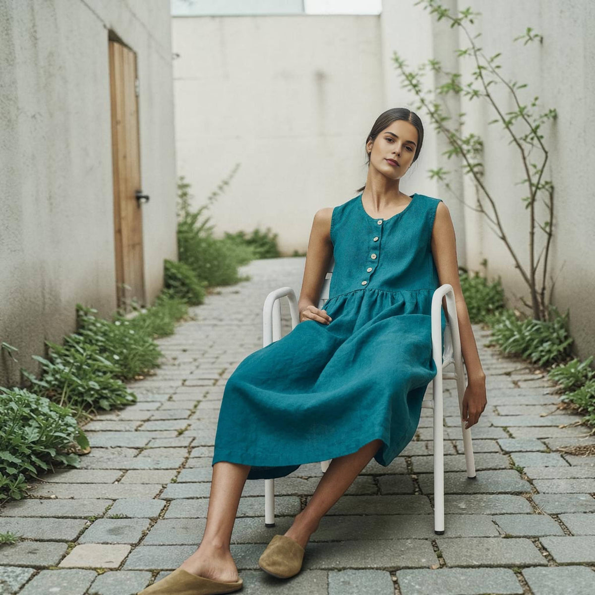 Button-Front Linen Midi Dress, Sleeveless Gathered-Skirt